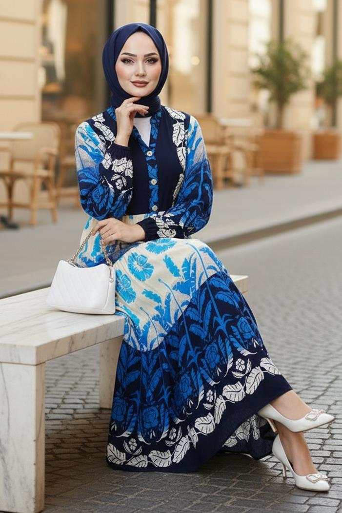 Seyer Yarım Düğmeli Dokuma Viskon Elbise 1485 - İndigo