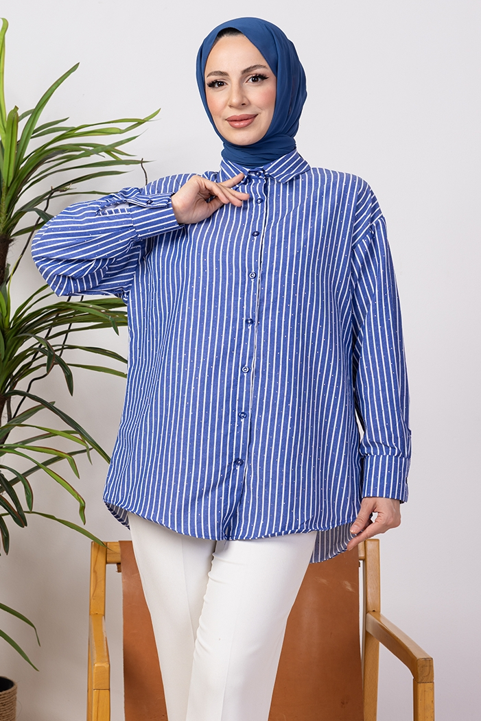 Taşlı Çizgili Gömlek 1407 - Lacivert