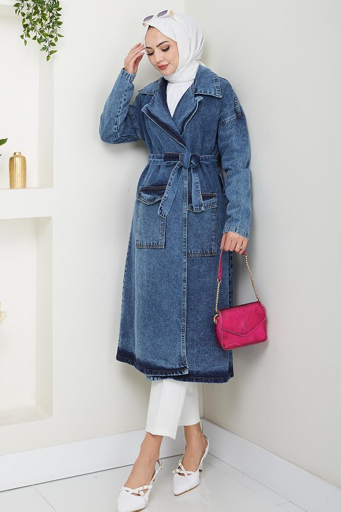 Zeyal Kuşaklı Kot Trenç 1434 - Mavi