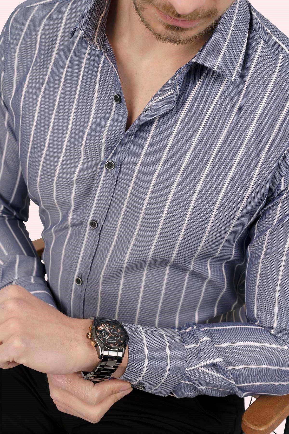 EtikmenGri Beyaz Çizgili Slimfit Hediye Kutulu Erkek GömlekGÖMLEK MODELLERİ