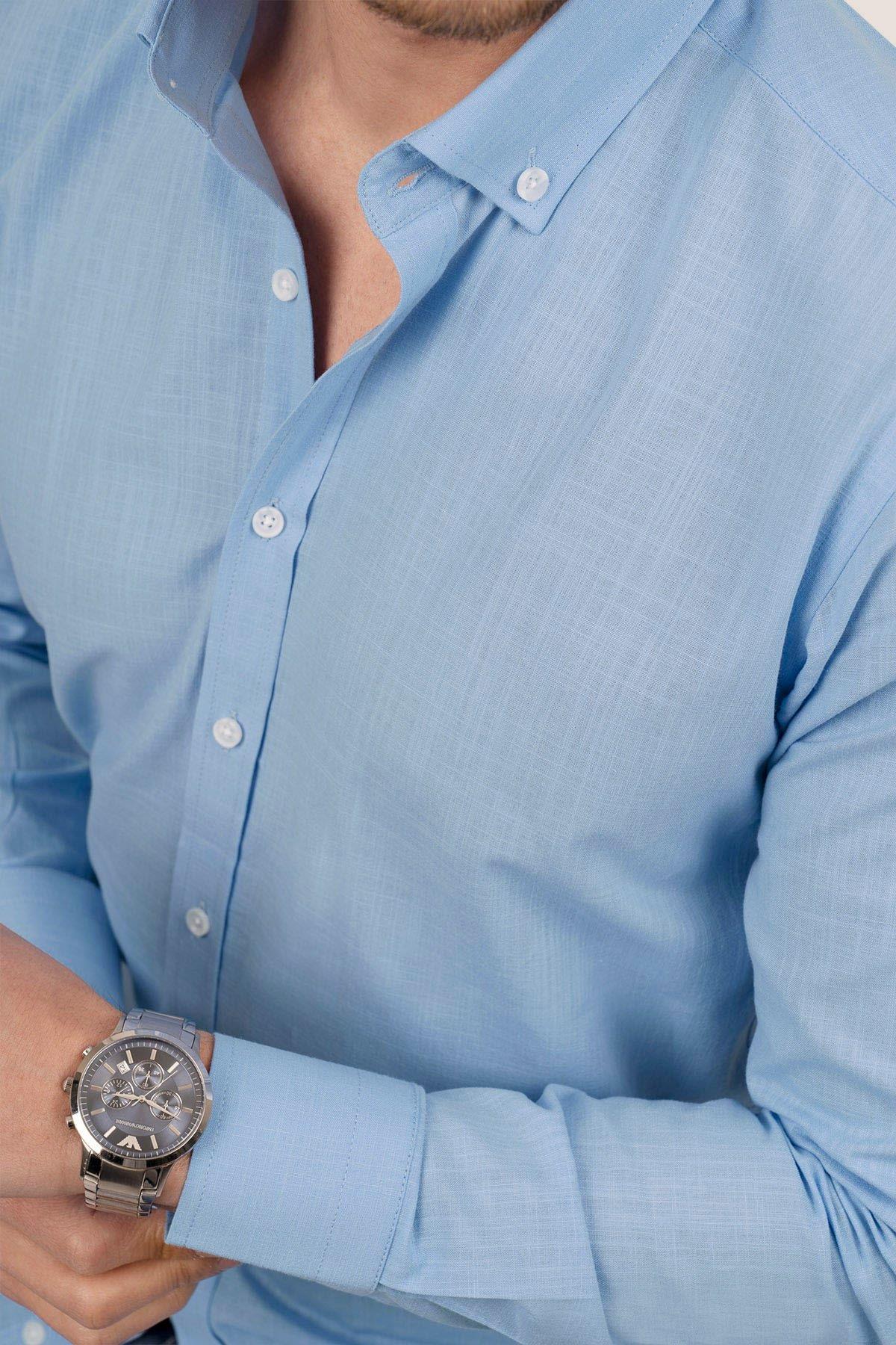 EtikmenMavi Yaka Düğmeli Keten Slimfit Hediye Kutulu Erkek GömlekGÖMLEK MODELLERİ