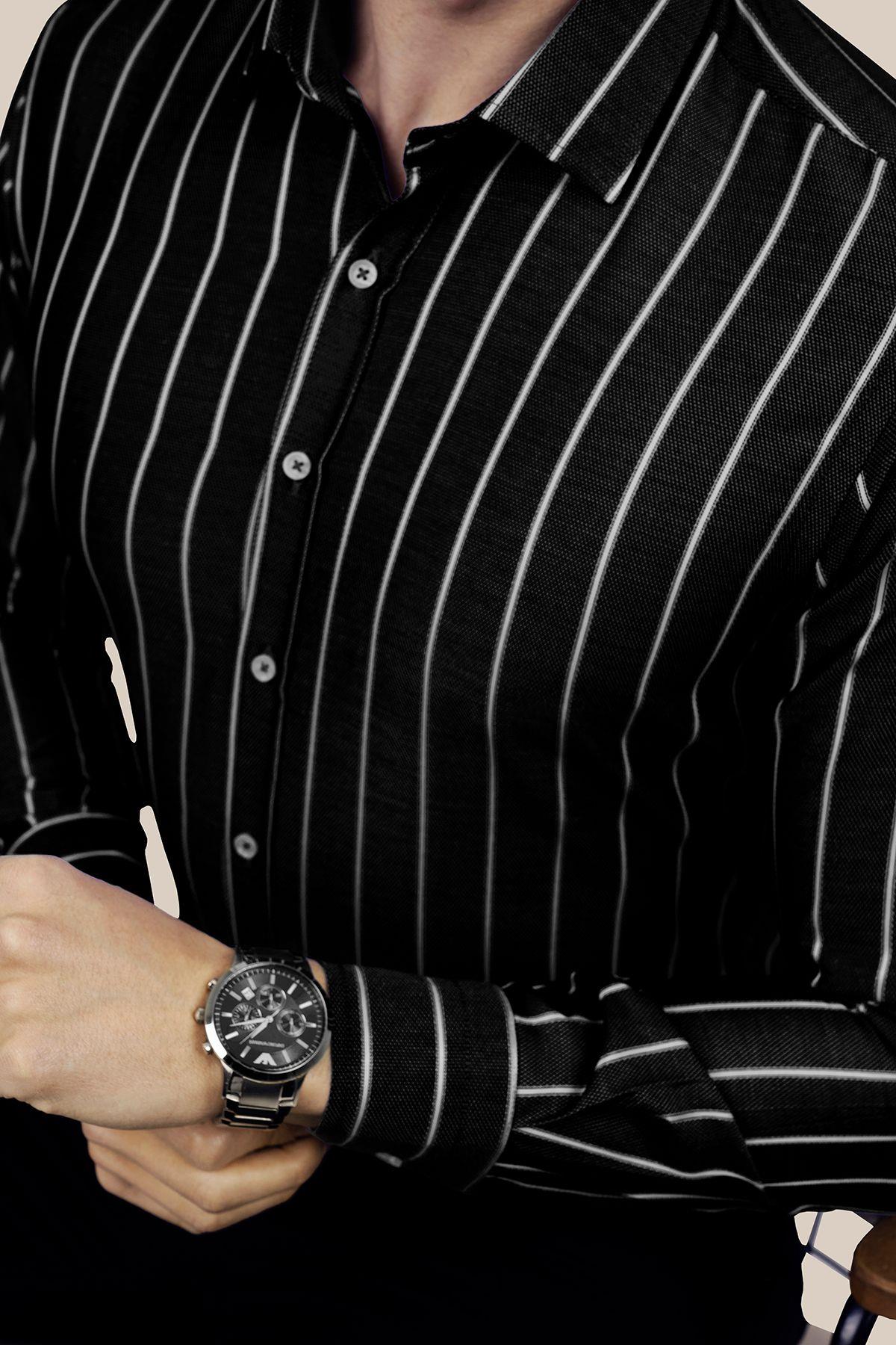 EtikmenSiyah Beyaz Çizgili Slimfit Hediye Kutulu Erkek GömlekKlasik Gömlek Modelleri