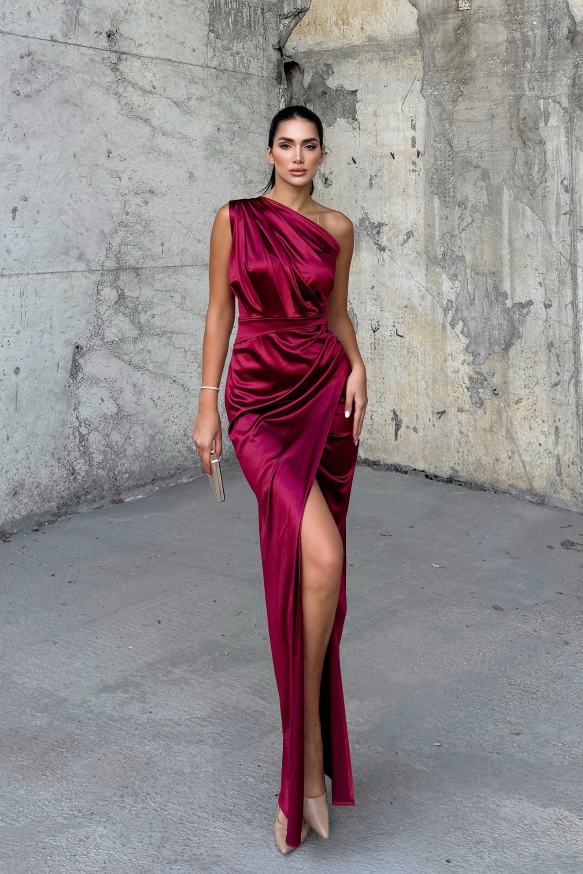 Fiona Tek Kol Drapeli Saten Abiye 582856 BORDO