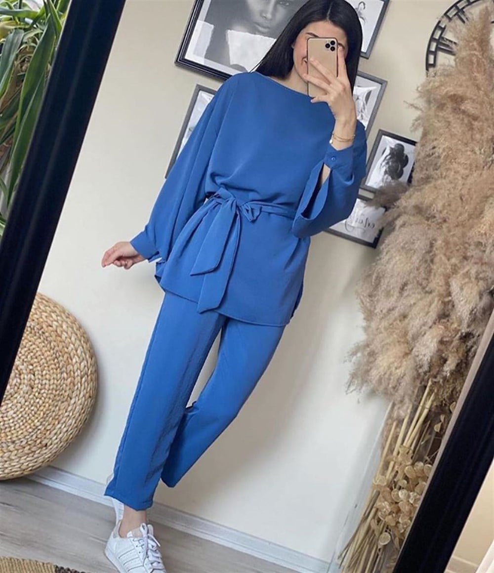 Kuşaklı Bluz Pantolon İkili Takım Mavi