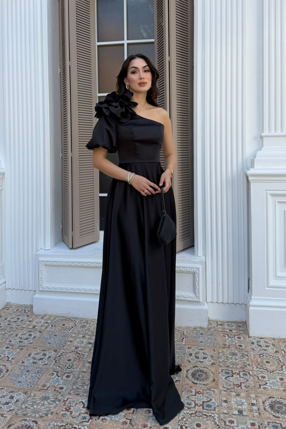 Zena Tek Kol Çiçek Detay Saten Abiye 1136