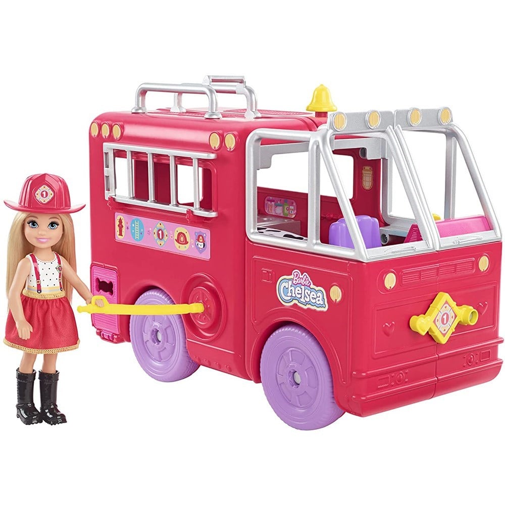 Barbie Chelsea İtfaiye Aracı Oyun Seti, Chelsea Bebek (6 inç), Katlanabilir İtfaiyeci-Kız Oyun Setleri