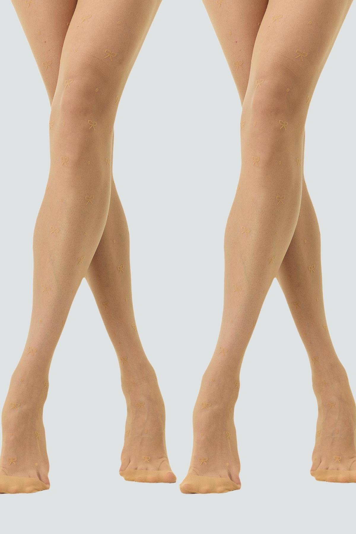 2'li Paket Fiyonk Desenli Külotlu Çorap Ten