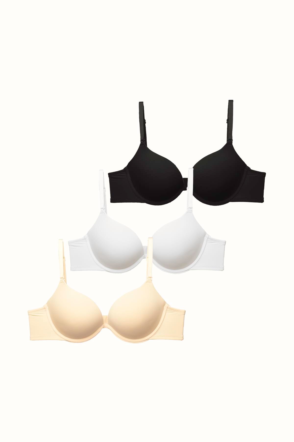 3'lü Paket Double Push Up Yumuşak Kaplı Örme Sütyen C37035 Siyah/Beyaz/Ten