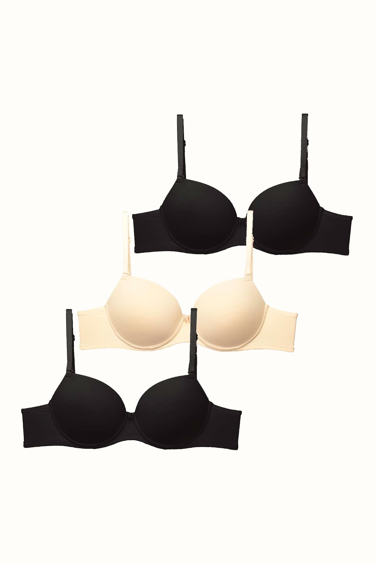 3'lü Paket Push Up Yumuşak Kaplı Örme Sütyen C37020 Siyah/Ten