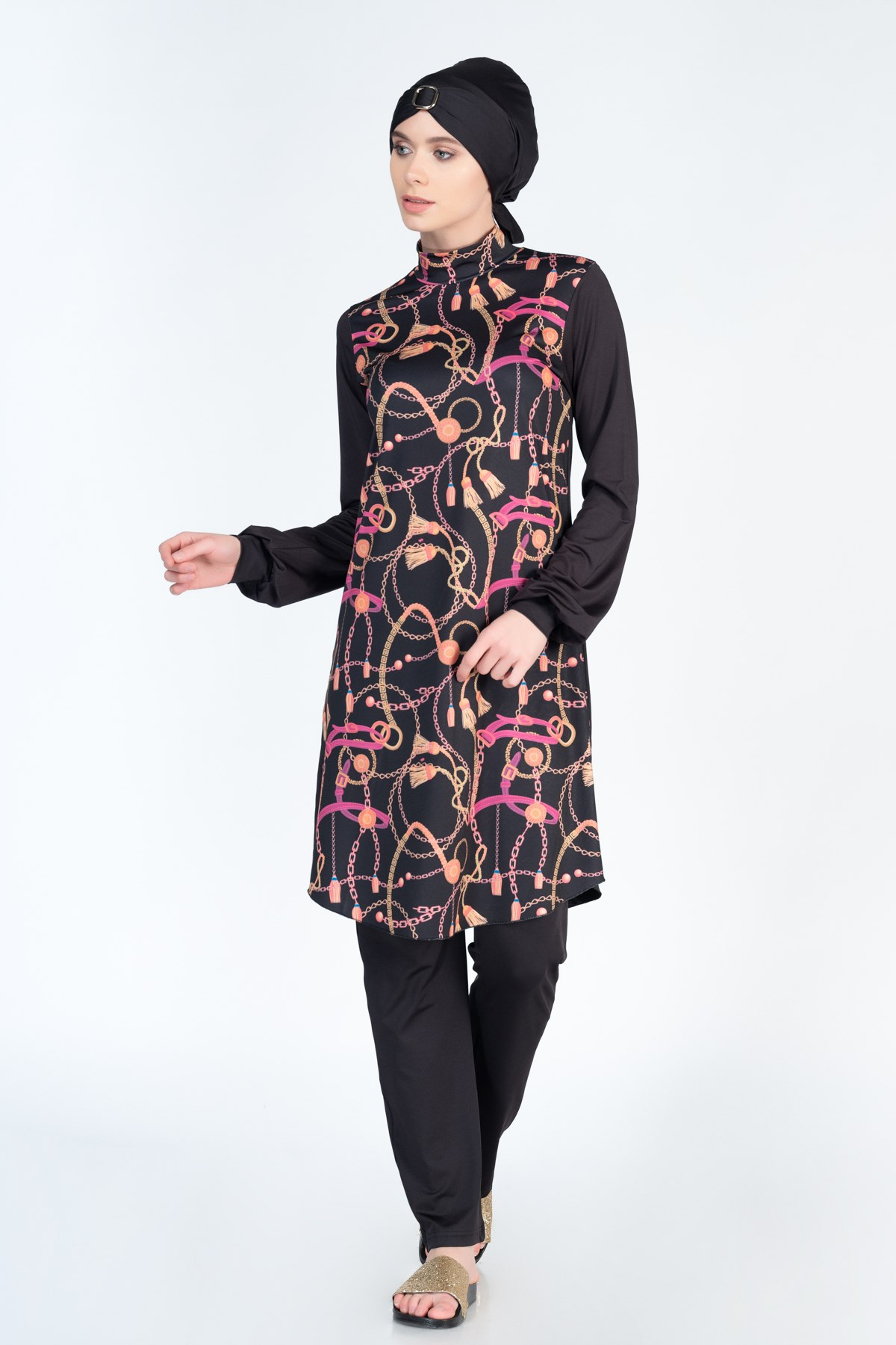 Alfasa 406 Long Coreved Patterned Trousers İslamic Burkini Swimsuit