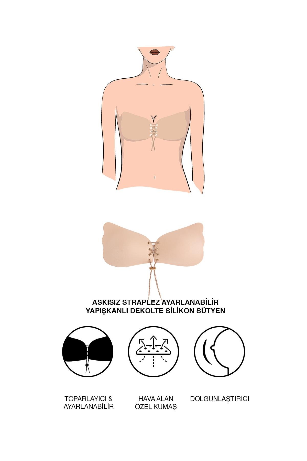 Askısız Straplez Ayarlanabilir Yapışkanlı Dekolte Silikon Sütyen Ten