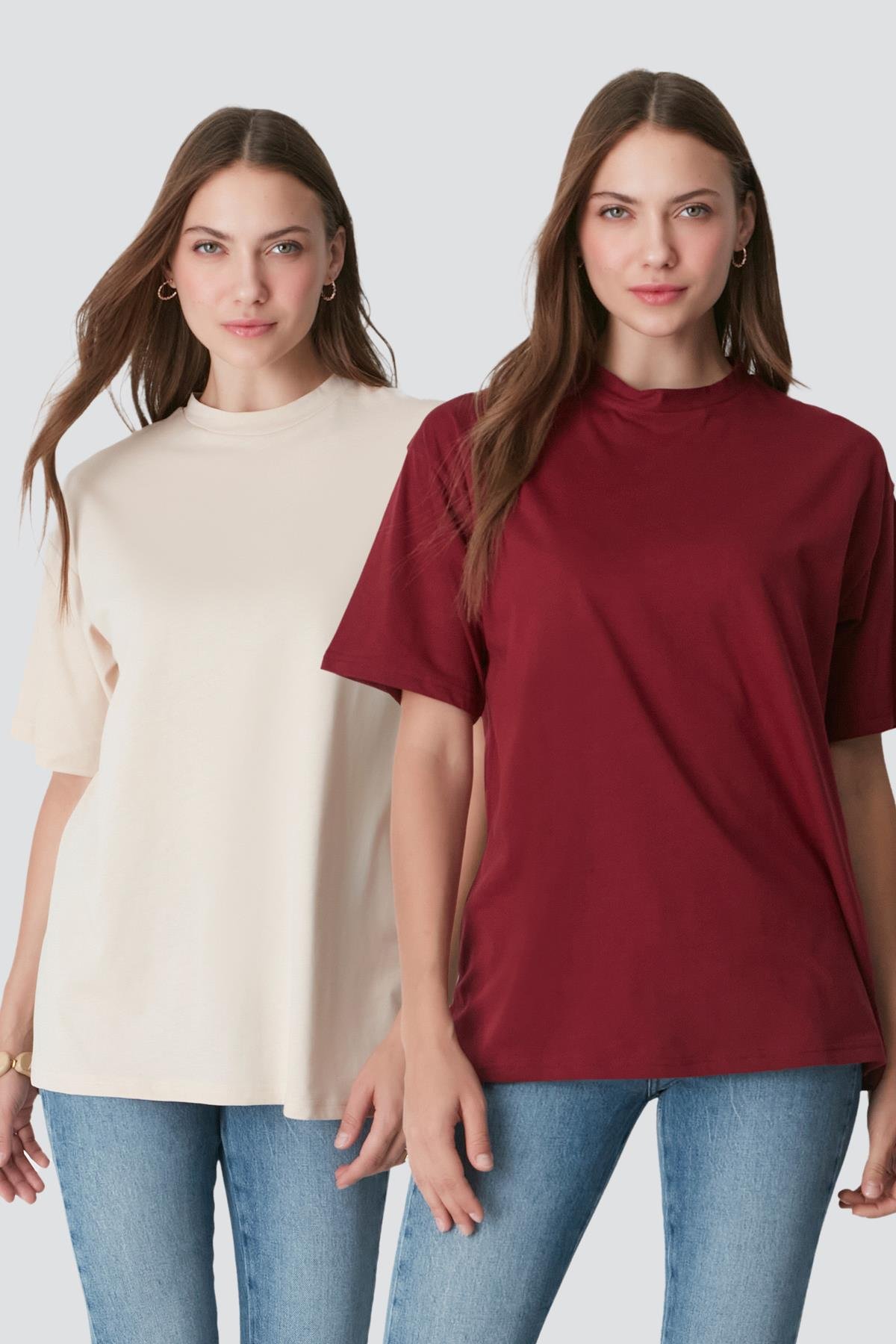 Bisiklet Yaka Kısa Kol 2'li Casual Basic T-Shirt 961 Bordo/Bej