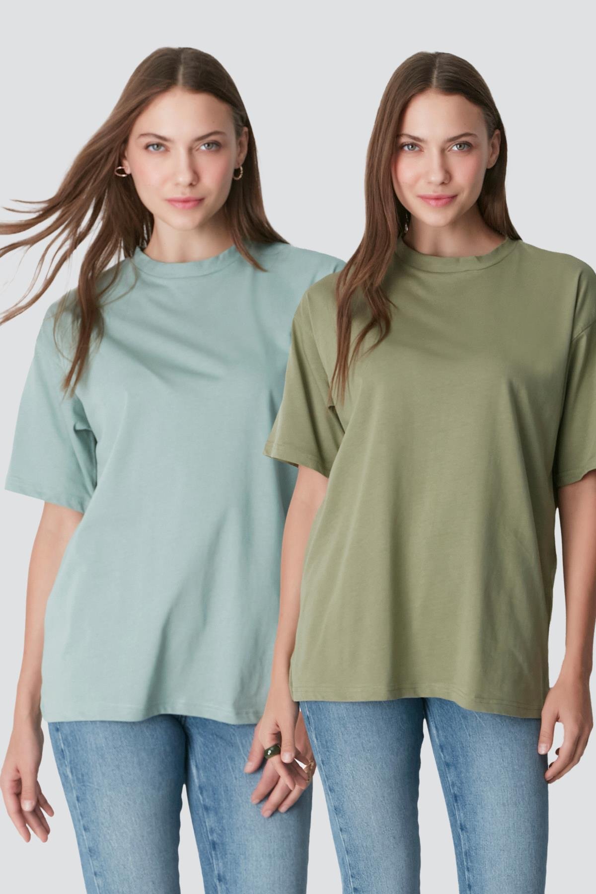 Bisiklet Yaka Kısa Kol 2'li Casual Basic T-Shirt 961 Haki/Çağla