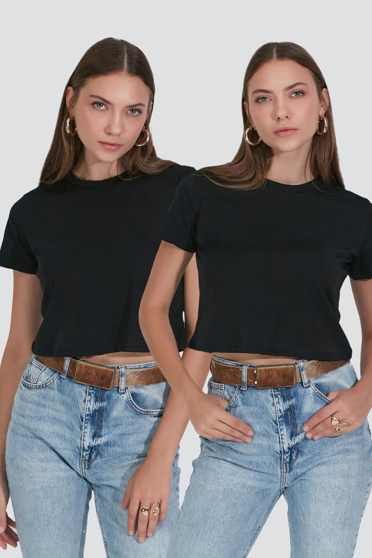 Bisiklet Yaka Kısa Kol 2'li Crop T-Shirt 956 Siyah