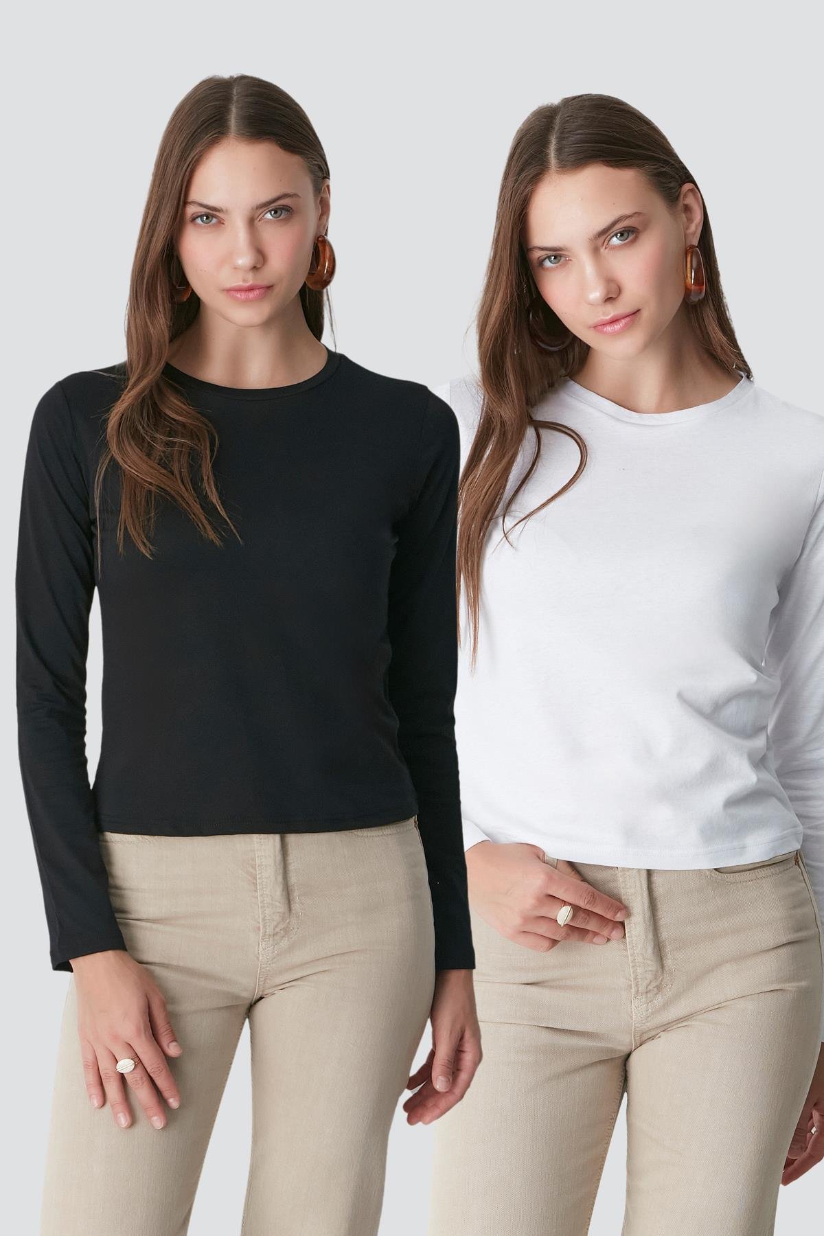 Bisiklet Yaka Uzun Kol 2'li Basic T-Shirt 955 Siyah/Beyaz