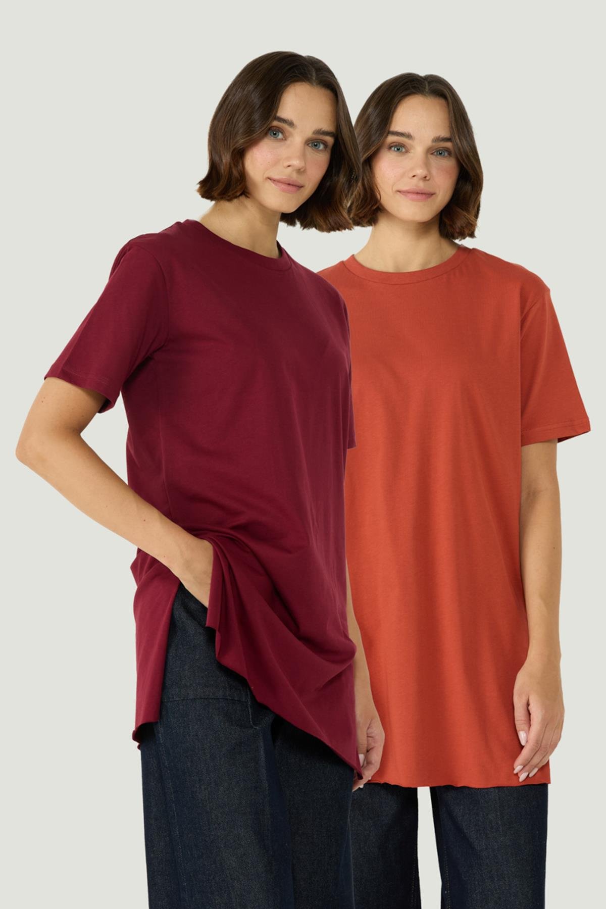 Bisiklet Yaka Yarım Kol Yırtmaçlı 2'li Uzun T-Shirt 963 Bordo/Kiremit