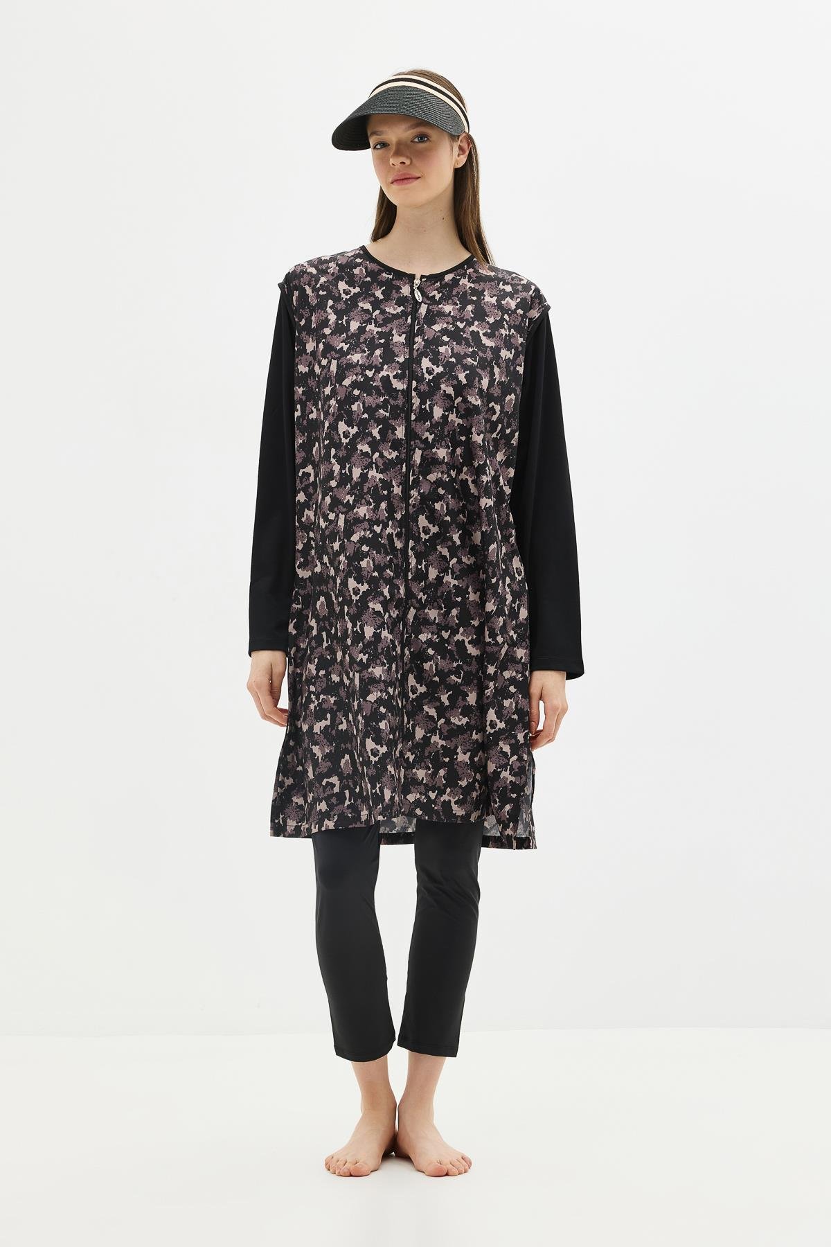 Büyük Beden Paraşüt Kumaş Fermuarlı 4'lü Tesettür Mayo 1403 Siyah