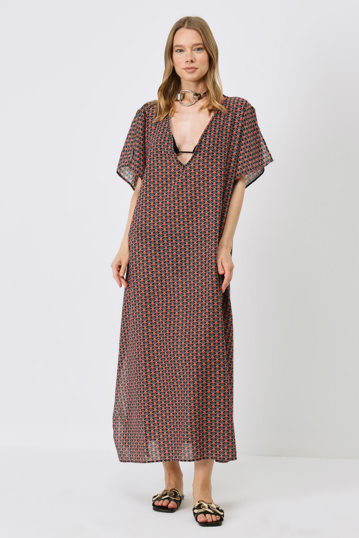 Büyük Beden Pareo Plaj Elbisesi 22330 Siyah/Kremit