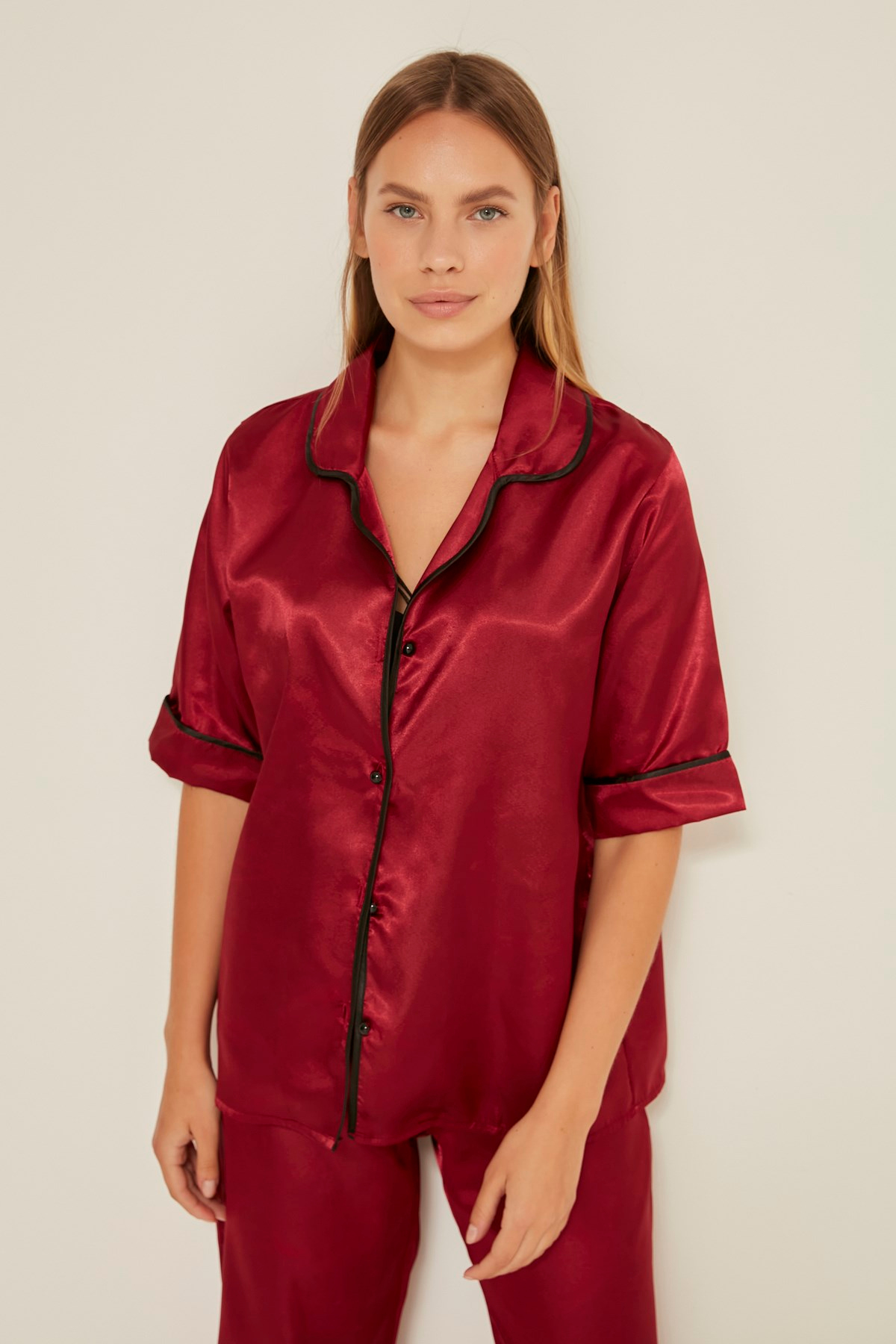 C&City 030 Kadın Saten Kısa Kol Pijama Takım Bordo