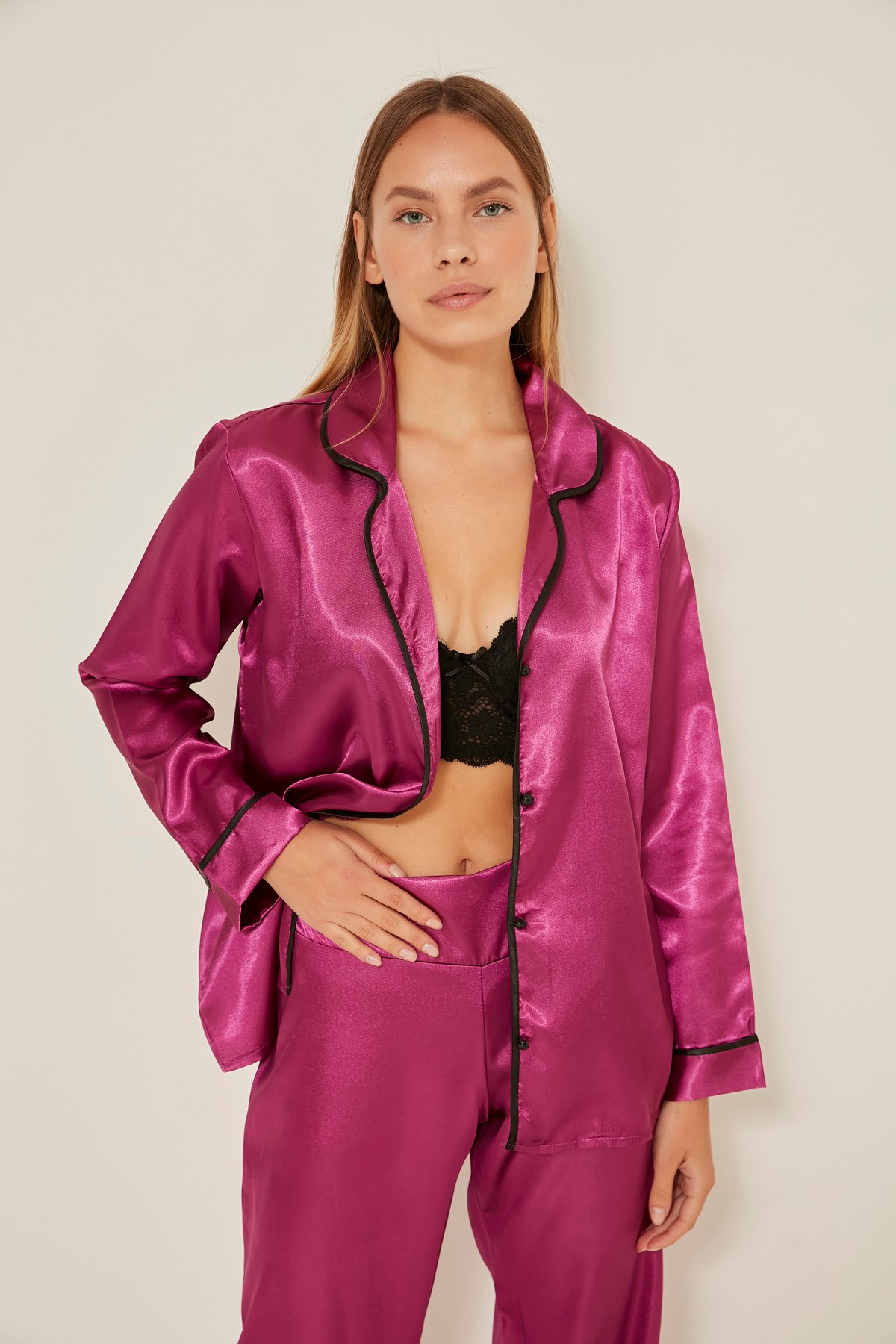 C&City 035 Kadın Saten Uzun Kol Pijama Takım Mor