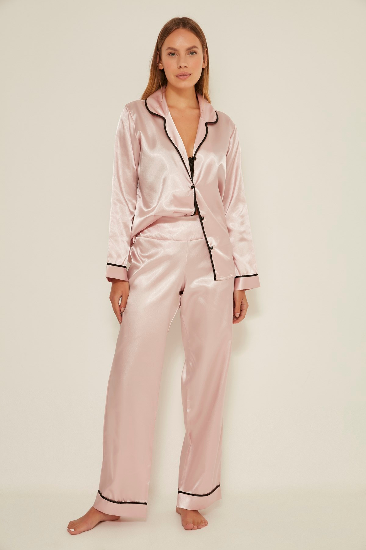 C&City 035 Kadın Saten Uzun Kol Pijama Takım Pudra
