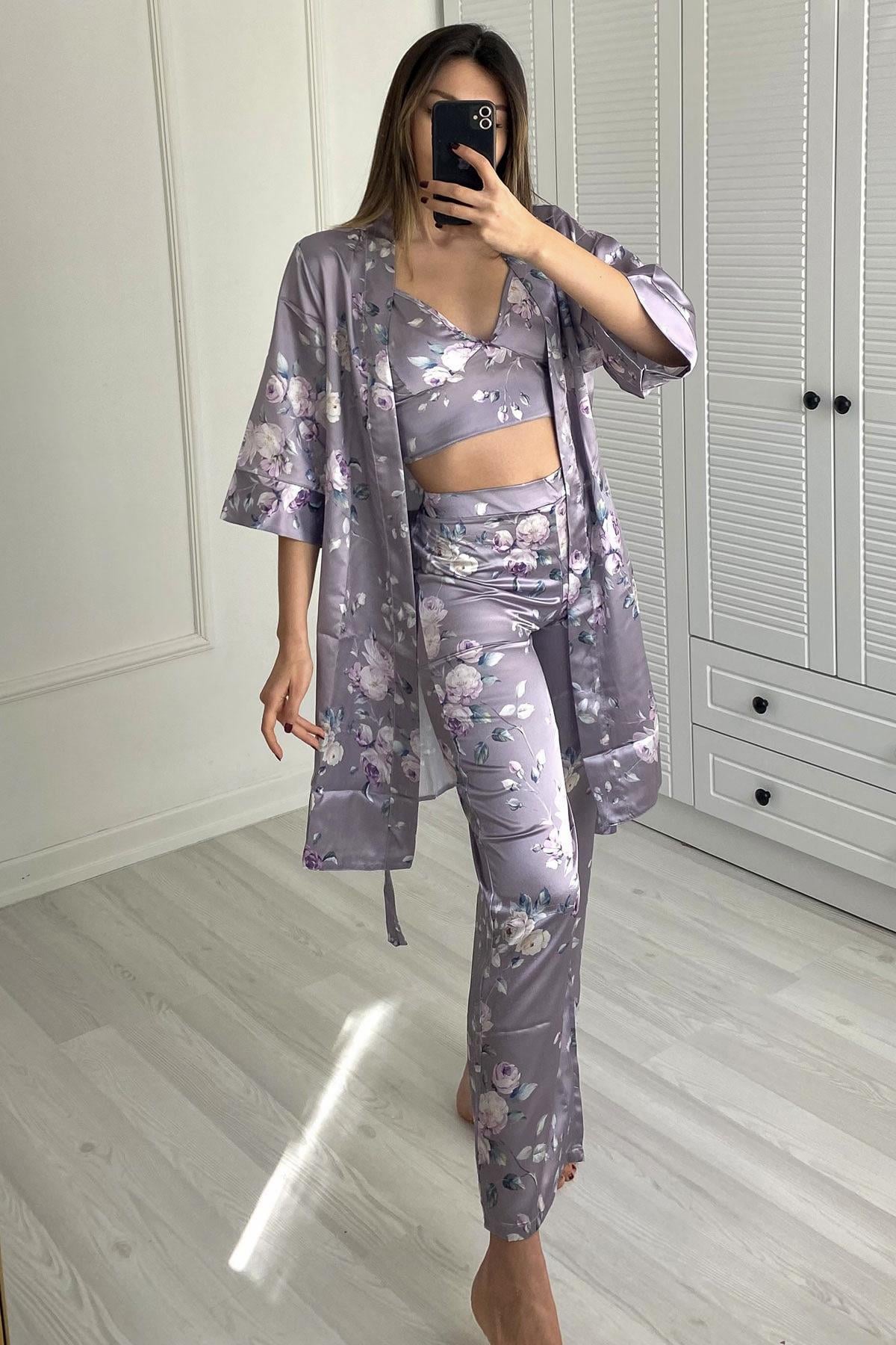 045 Kadın Desenli 3 Lü Saten Pijama Takım Gri