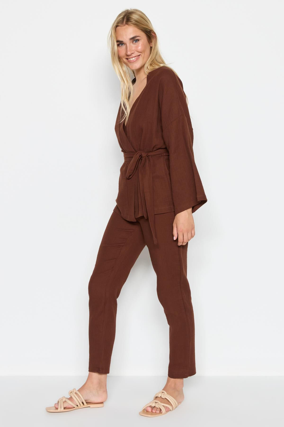 3 lü Organik Pamuk Müslin Kimono Takım 9120 Kahverengi