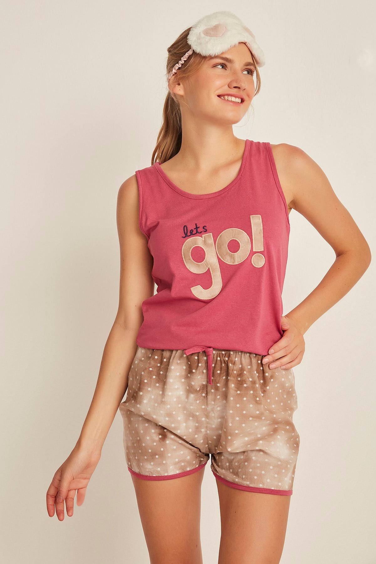 C&City 4528 Kadın Şortlu Pijama Takım Nar Çiçeği/Kahve