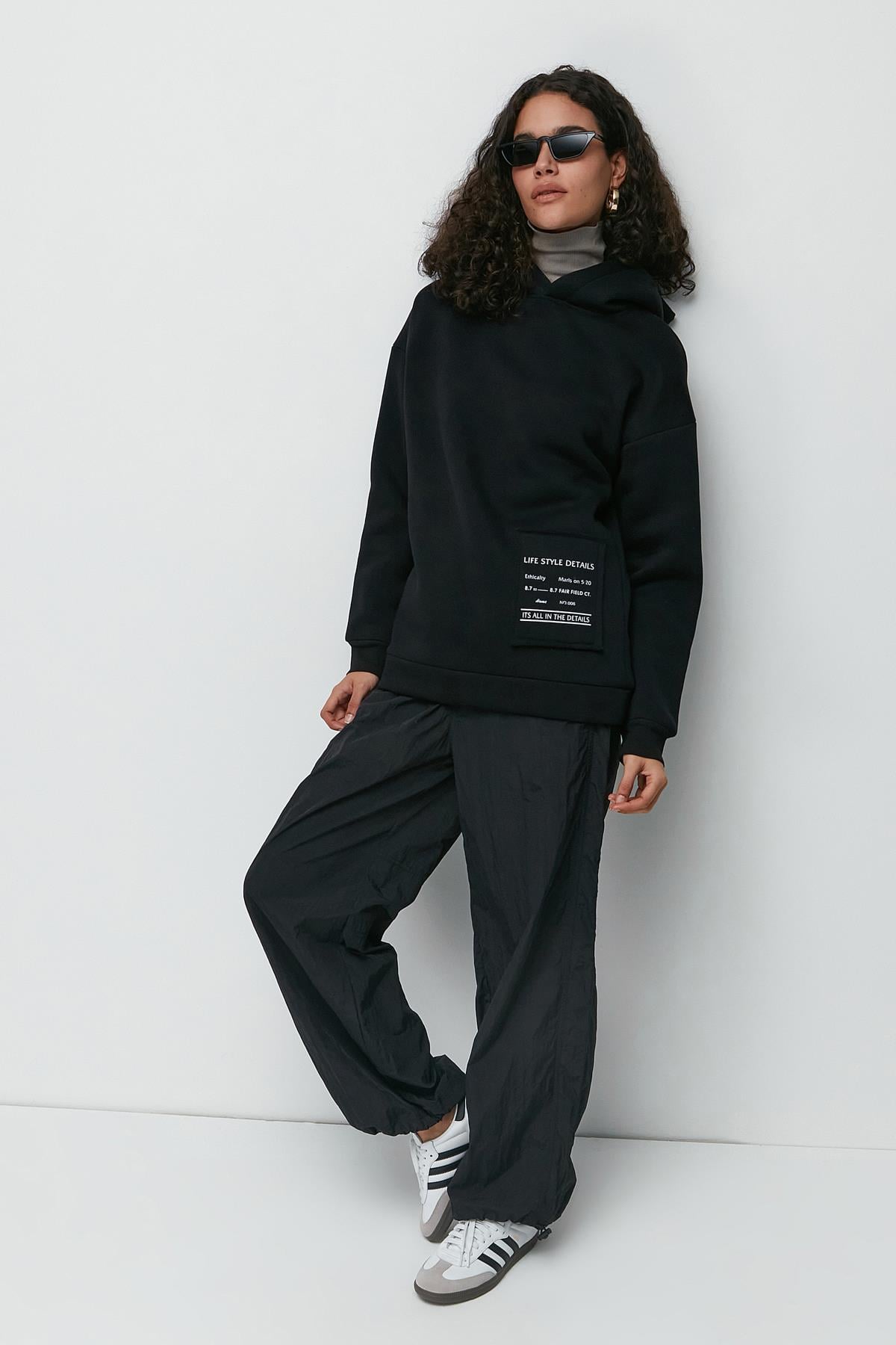 C&City Baskılı Kapüşonlu Uzun Kol Kalın Sweatshirt 952 Siyah