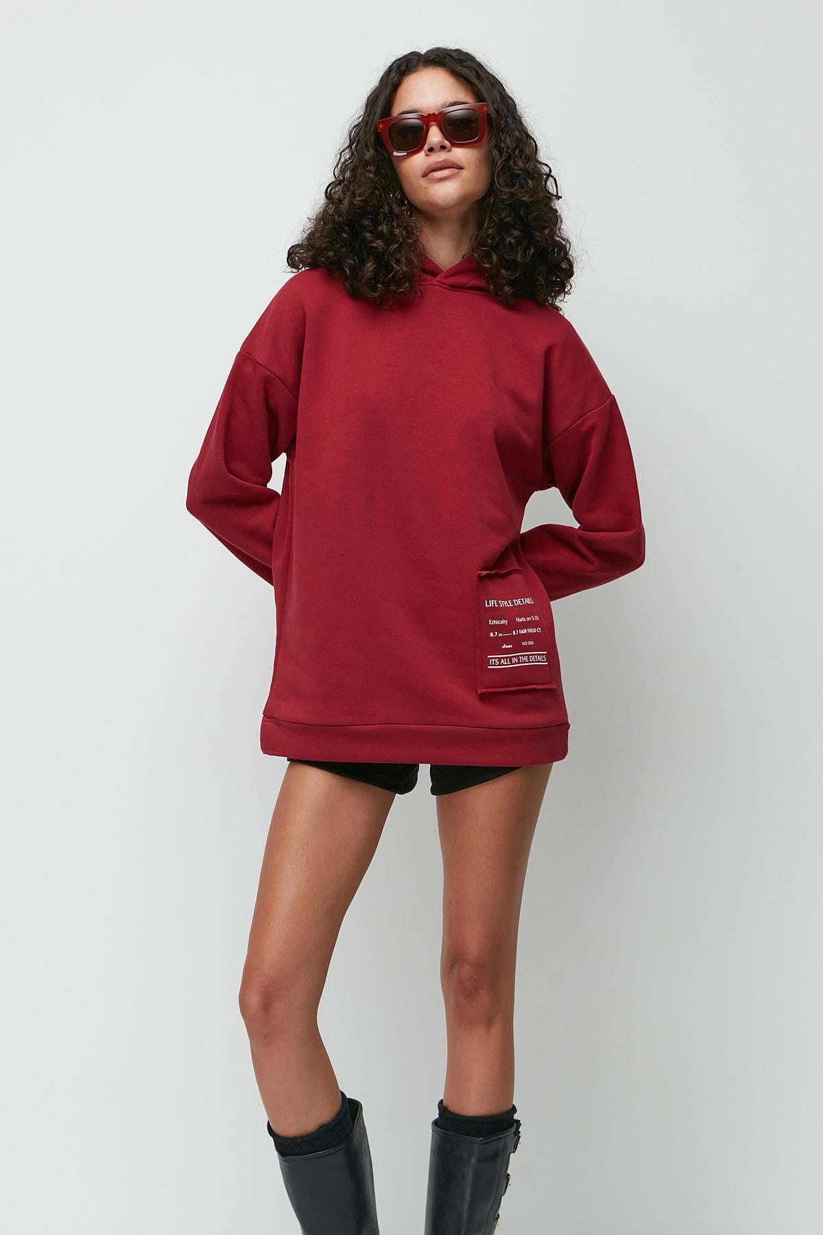 C&City Baskılı Kapüşonlu Uzun Kol Kalın Sweatshirt 952 Bordo