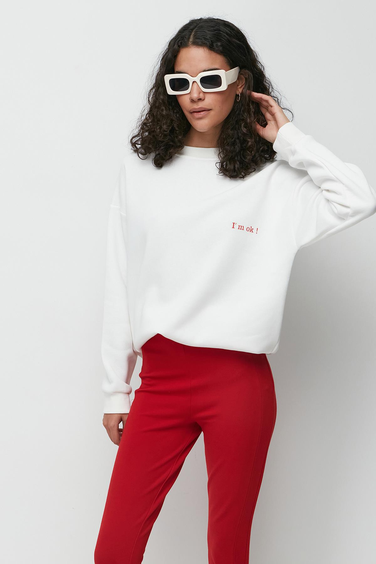 C&City Baskılı Oversize Uzun Kol Kalın Sweatshirt 950 Ekru