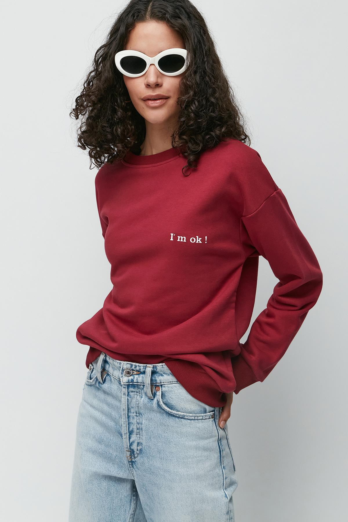 C&City Baskılı Oversize Uzun Kol Kalın Sweatshirt 950 Bordo