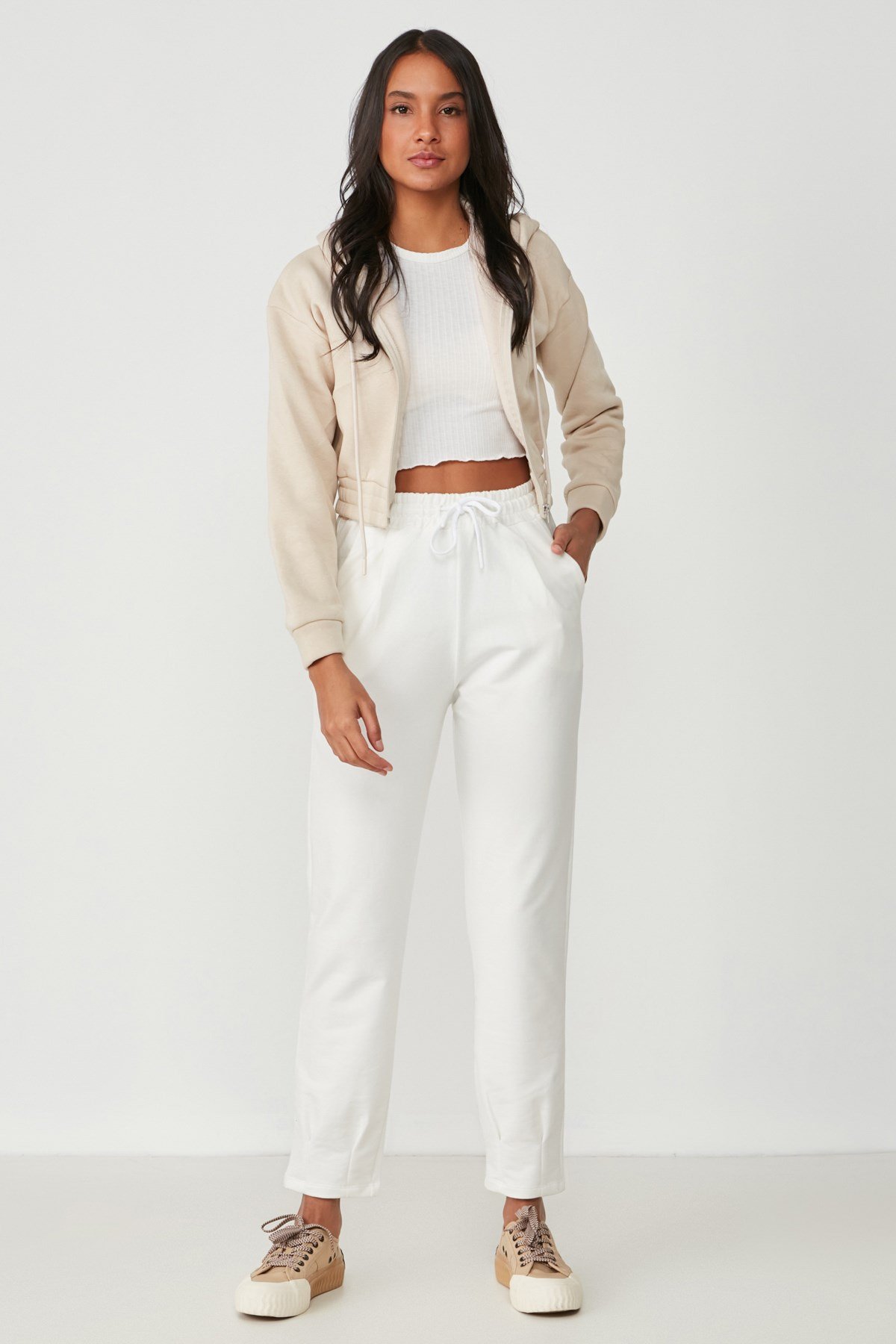 C&City Bel ve Paçası Pileli Eşofman Altı 742 Ekru