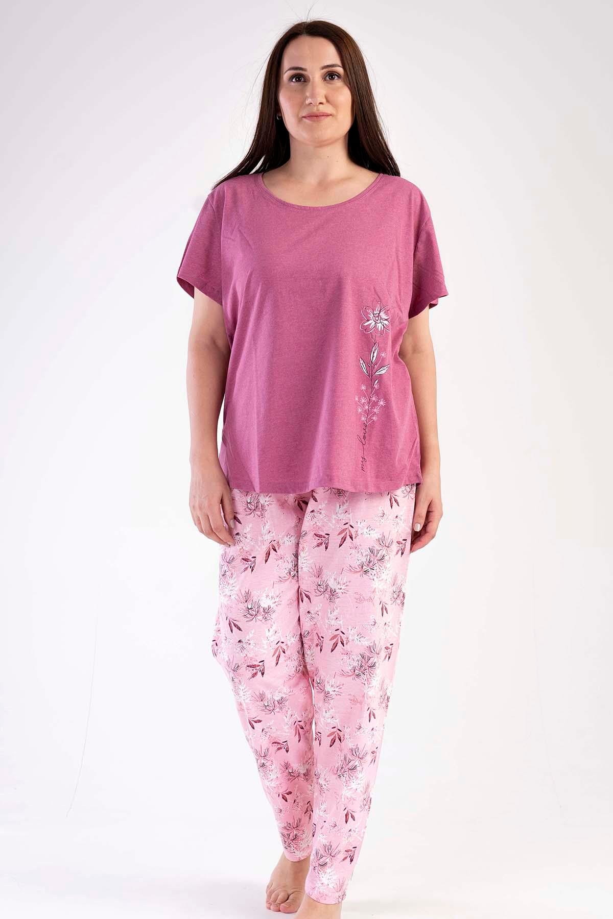 C&City Büyük Beden Kısa Kol Pijama Takım Mor-441035