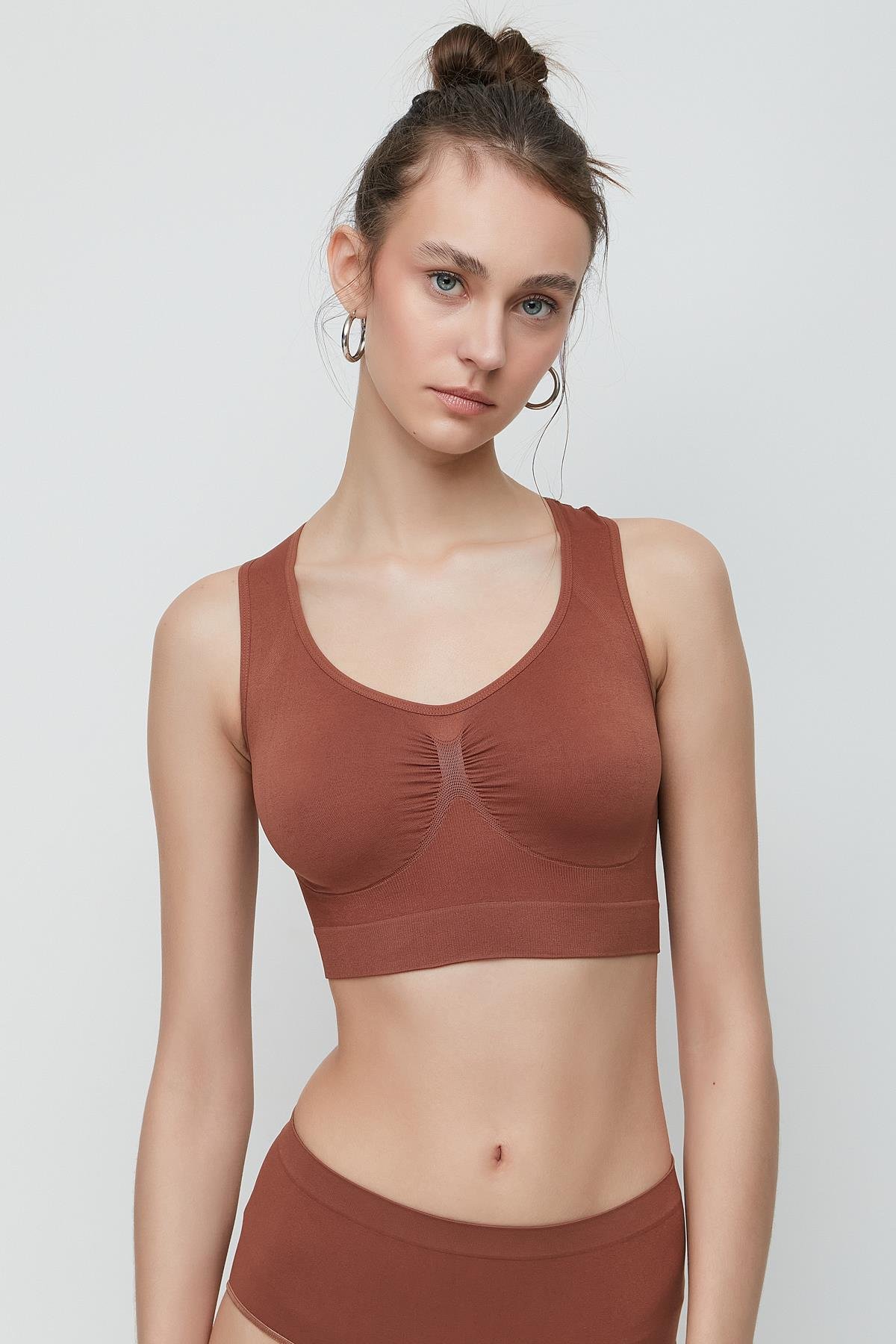 C&City C14001 Dikişsiz Sporcu Büstiyer  Kahverengi