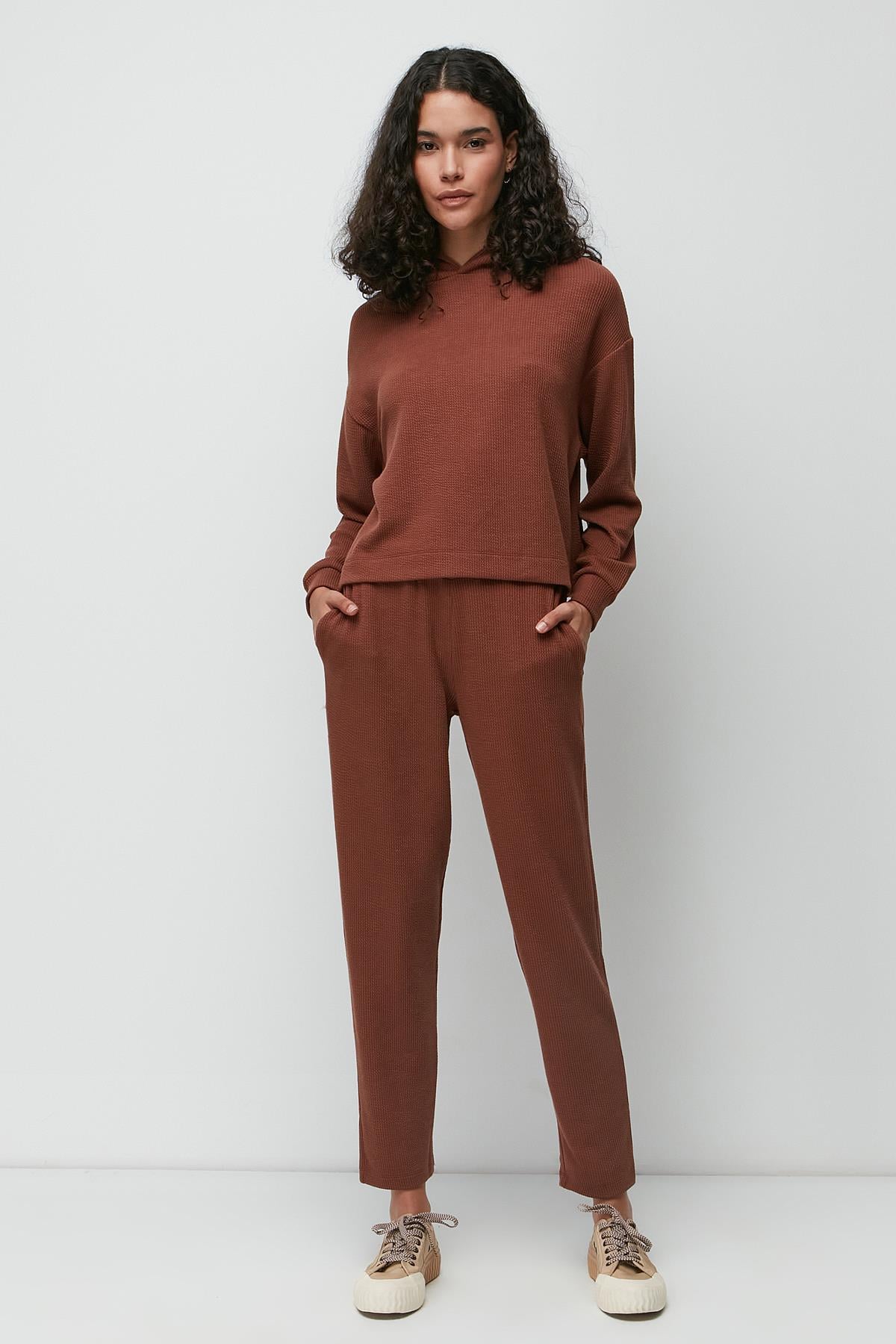 C&City Fitilli Kapüşonlu Sweatshirt Pantolon Takım 9131 Kahverengi