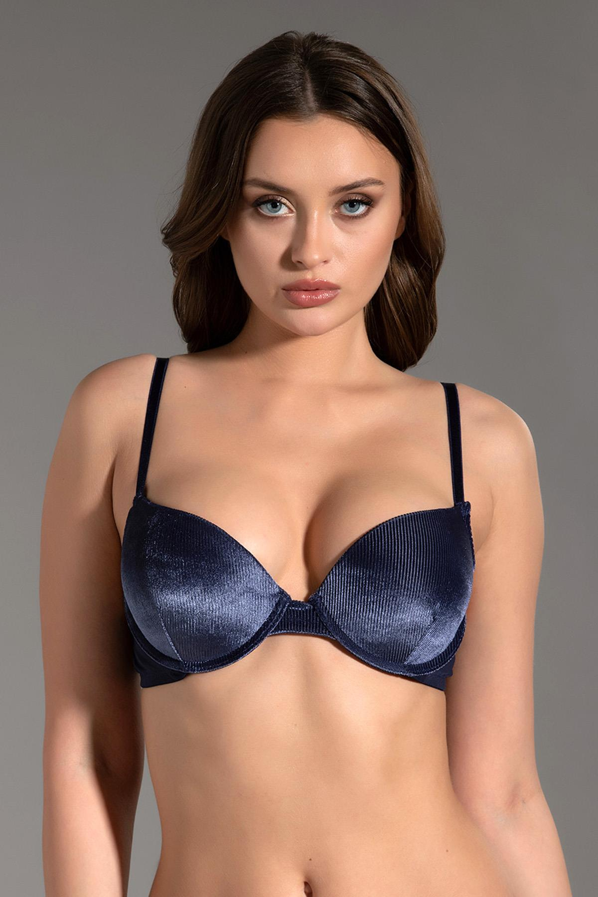 C&City Kadife Double Push-Up Destekli Sütyen C18185 Mavi