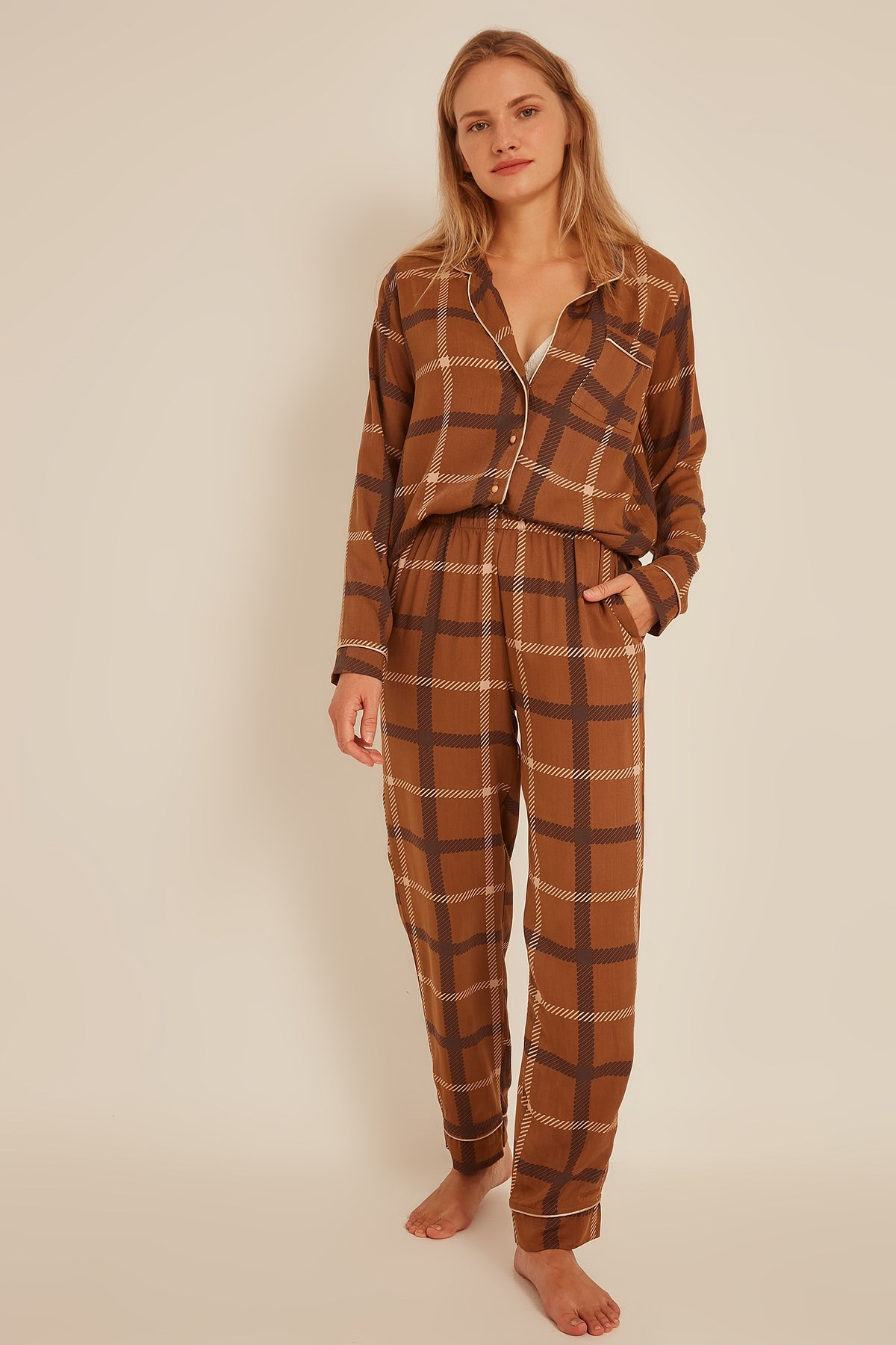 C&City Kadın Ekose Gömlek-Pantolon Pijama Takım 9040 Kahverengi