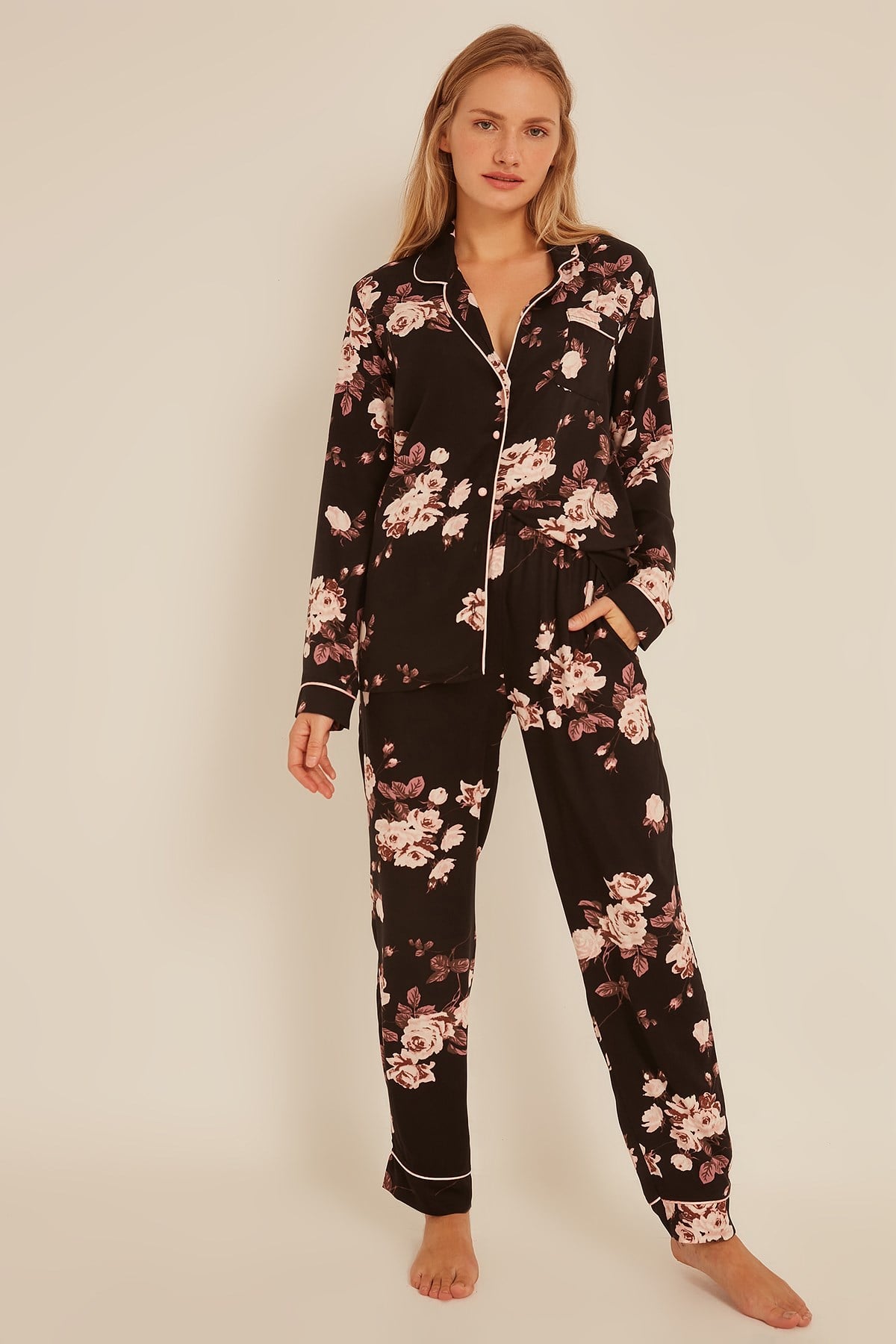 C&City Kadın Gül Gömlek-Pantolon Pijama Takım 9037 Siyah