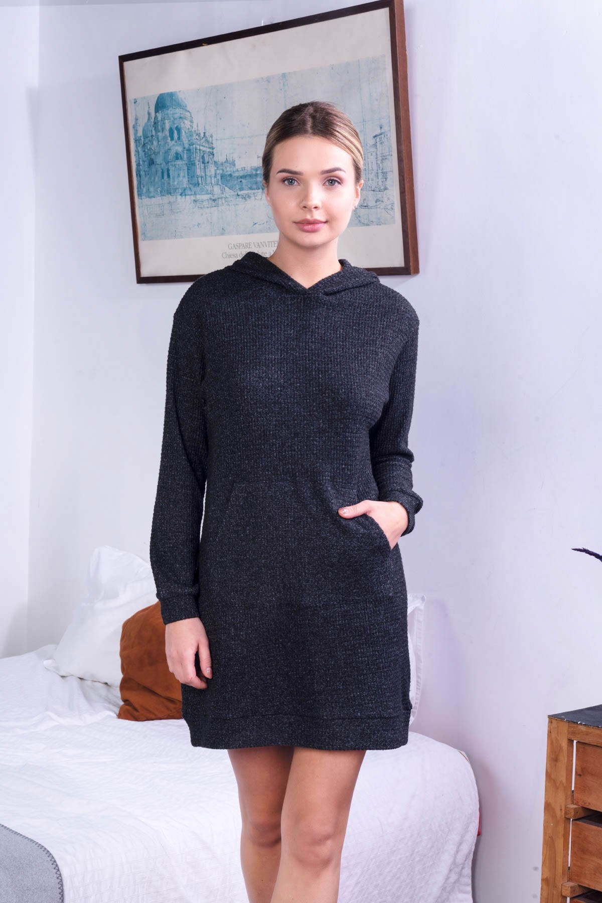 C&City Kadın Örme Kapüşonlu Sweat Tunik 9056 Antrasit