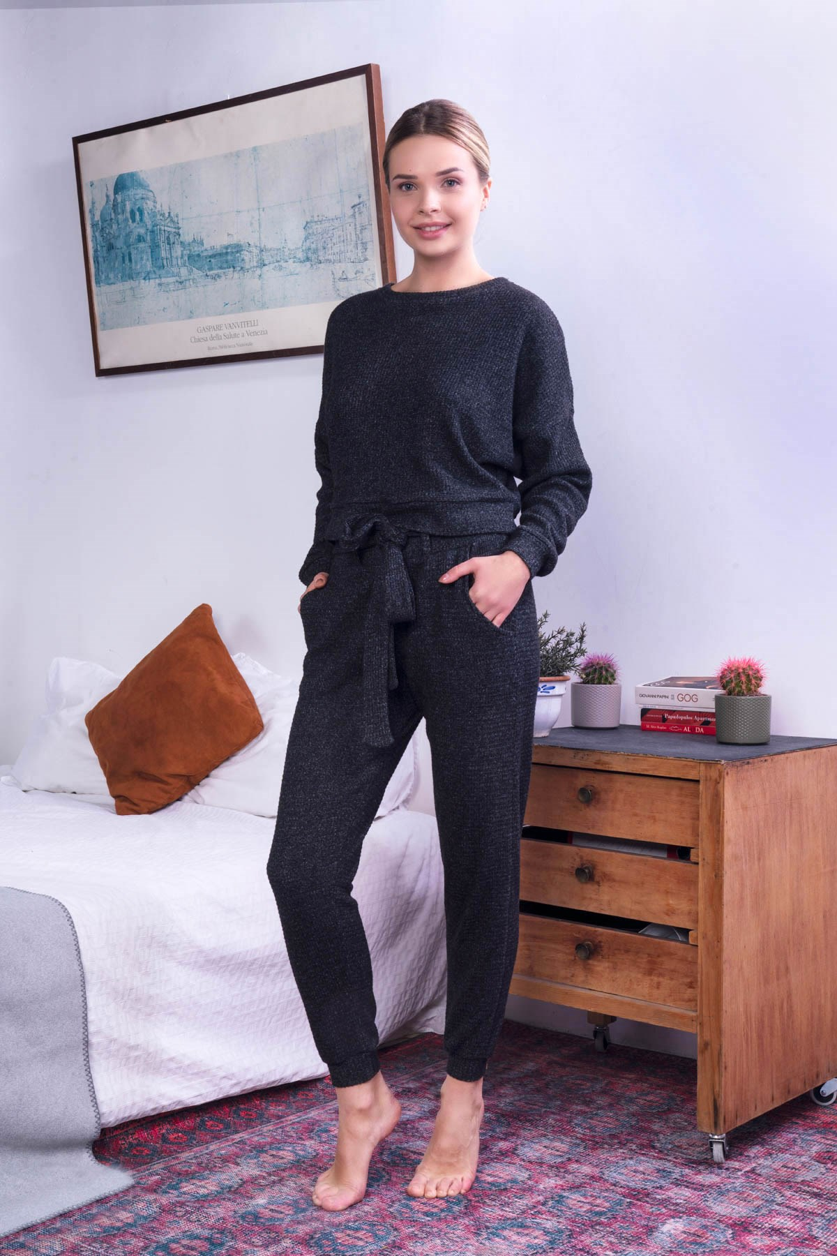 C&City Kadın Örme Pijama Takım 9055 Antrasit