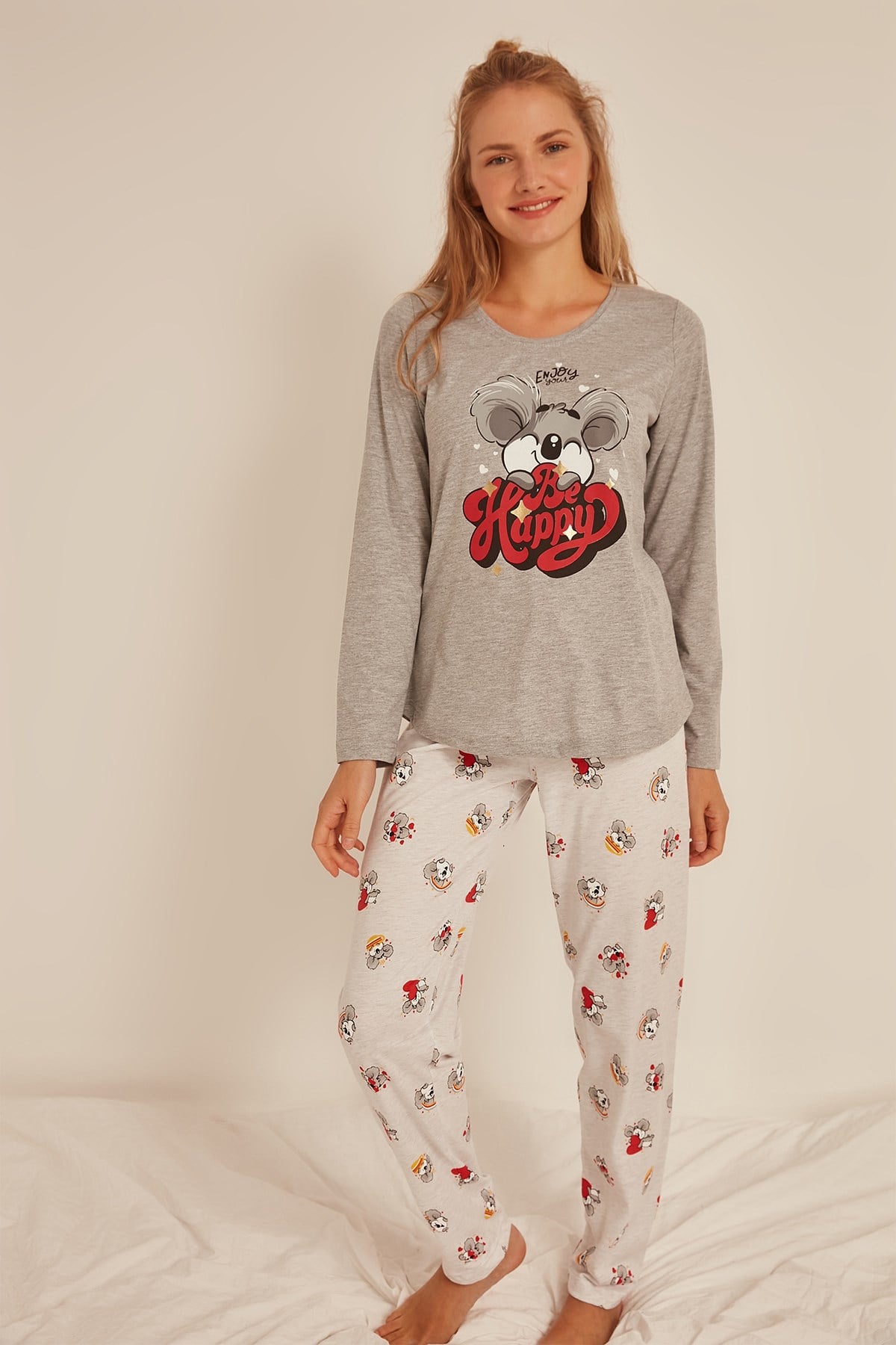 C&City Kadın Uzun Kol Pijama Takım 0031060314 Gri Melanj