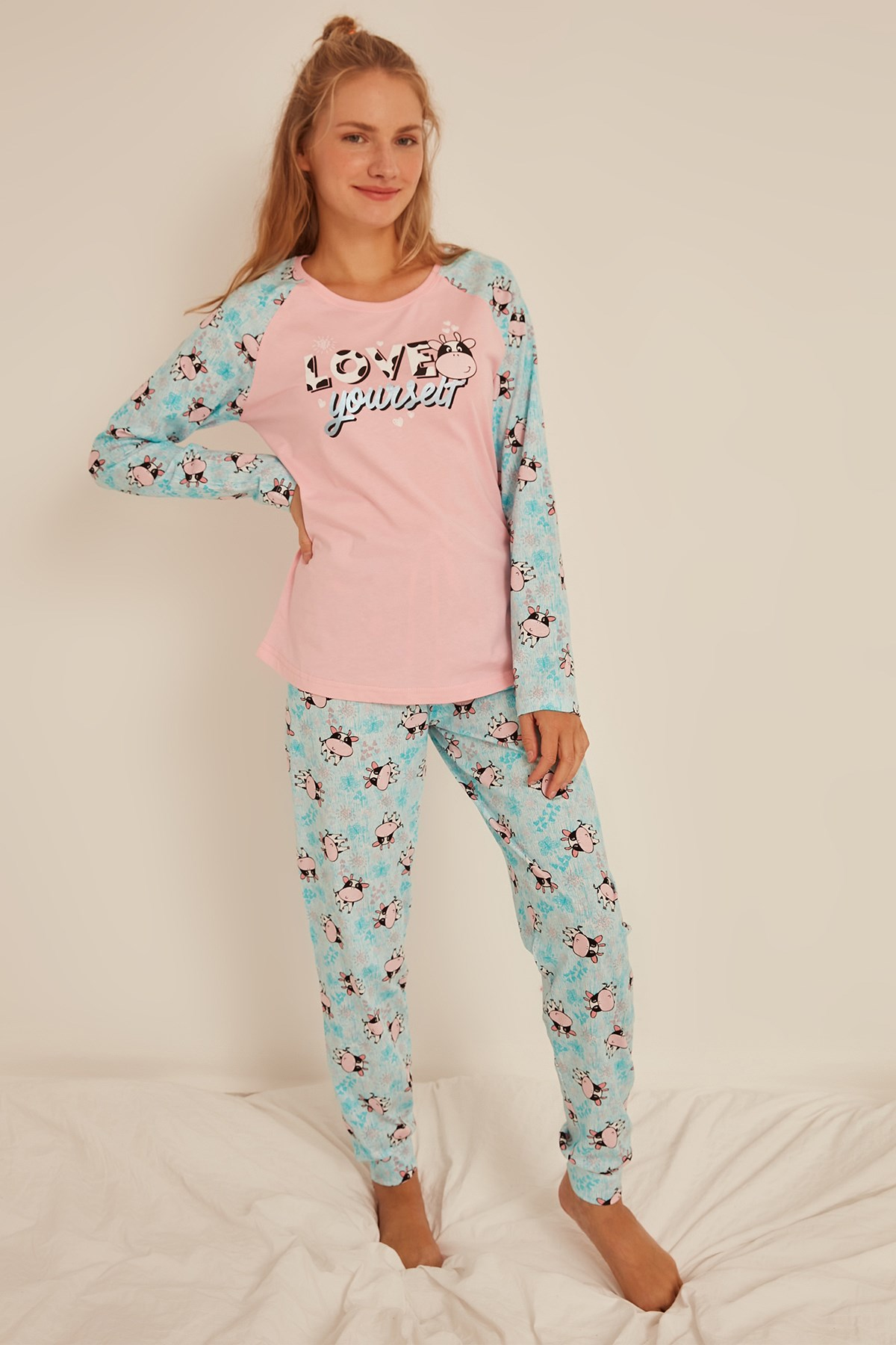 C&City Kadın Uzun Kol Pijama Takım 0041525623 Pembe
