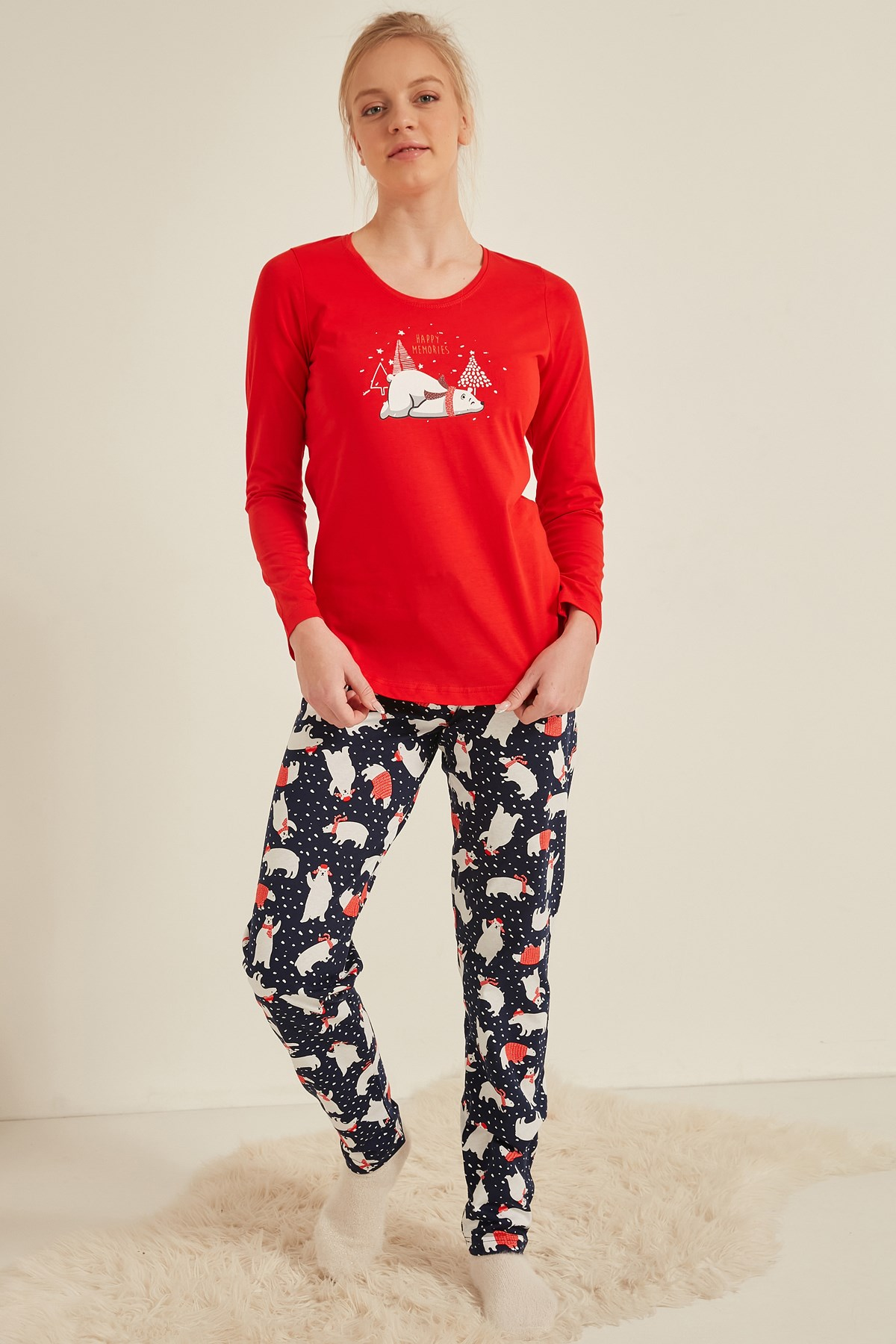 C&City Kadın Uzun Kol Pijama Takım 0040213919 Kırmızı