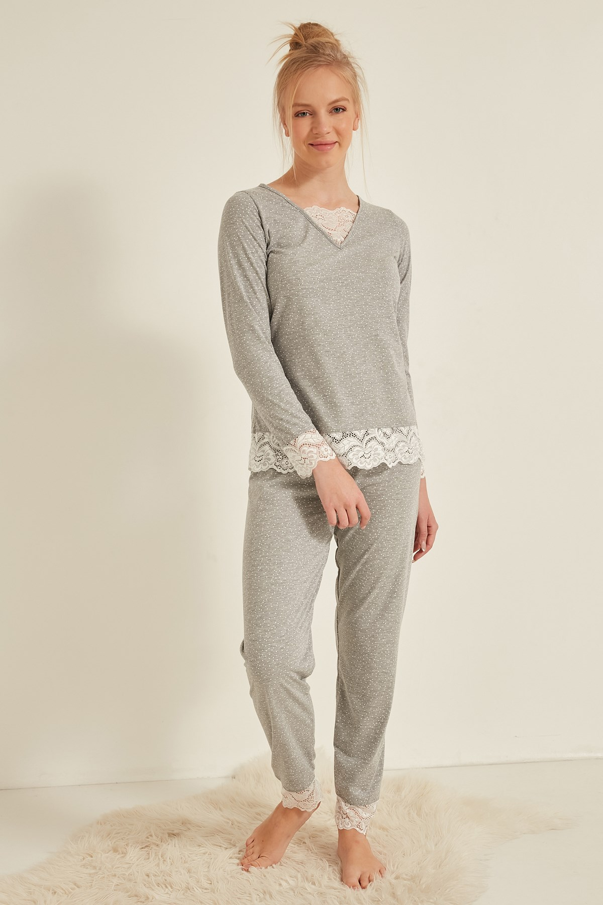C&City Kadın Uzun Kol Pijama Takım 0042620944 Gri Melanj