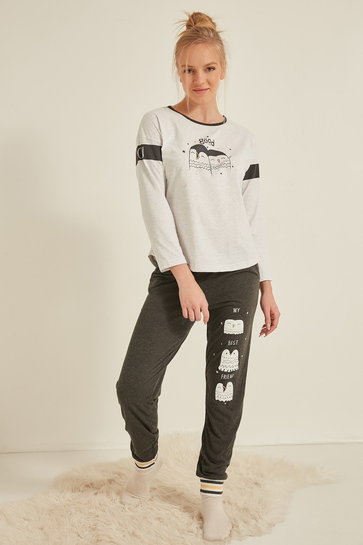 C&City Kadın Uzun Kol Pijama Takım 0050790000 Gri Melanj