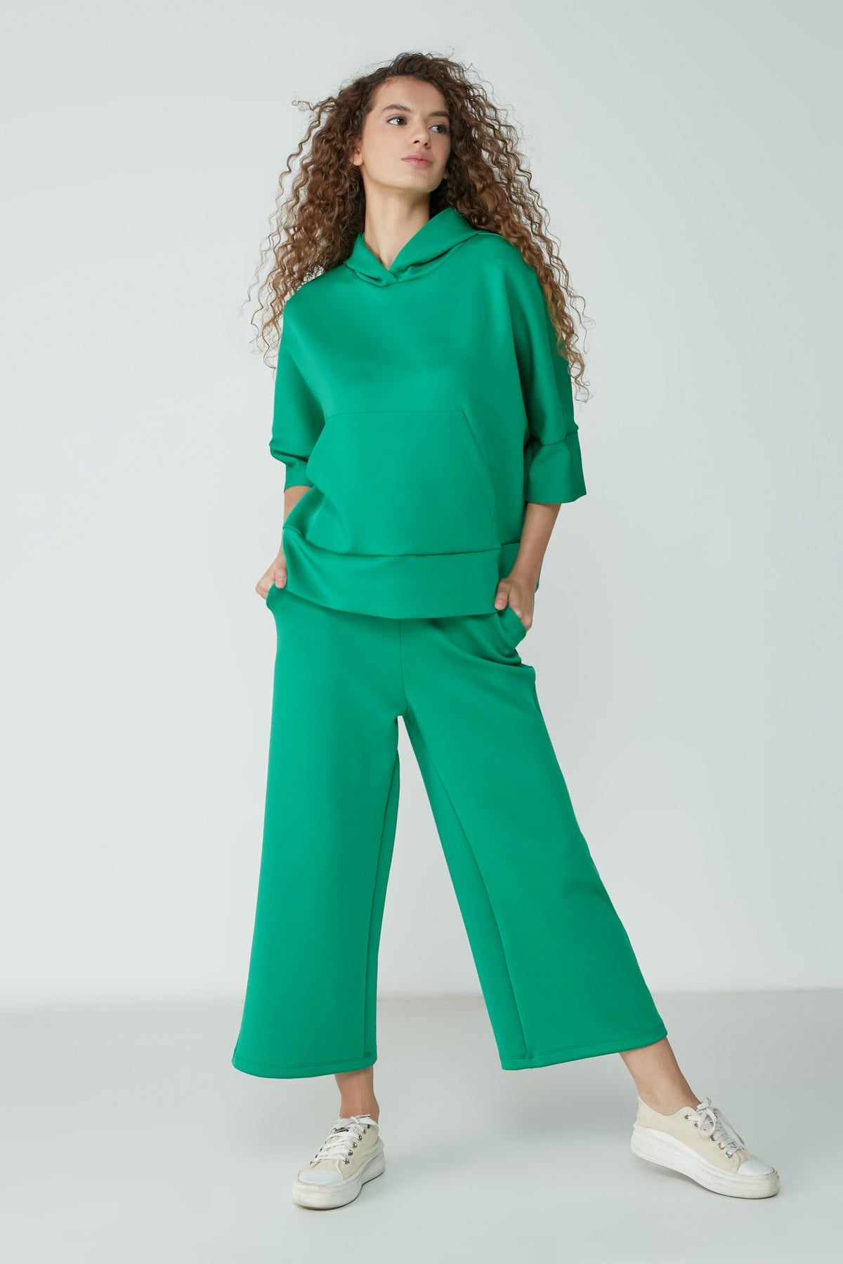 C&City Kapüşonlu Sweatshirt Bol Paça Pantolon Pijama Takım 9102 Yeşil