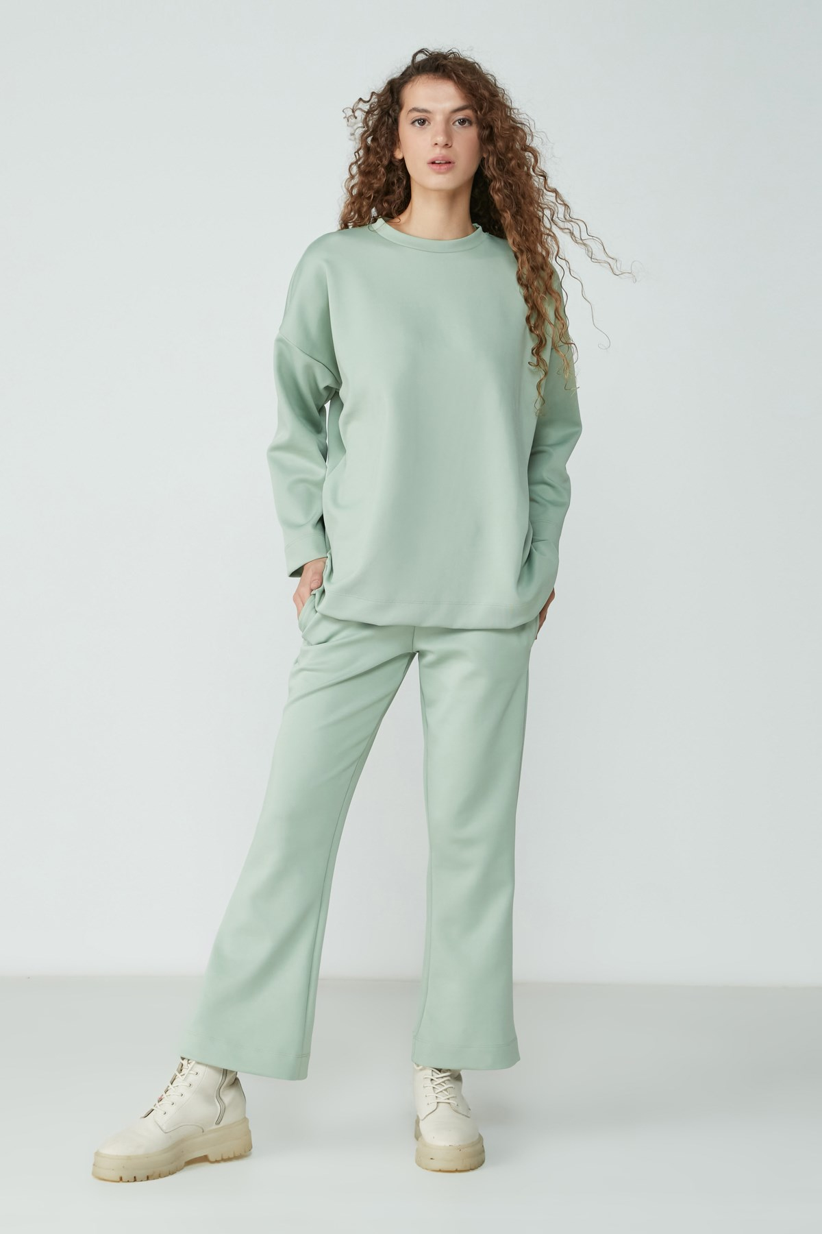 C&City Sıfır Yaka Sweatshirt İspanyol Paça Pantolon Pijama Takım 9104 Mint Yeşil