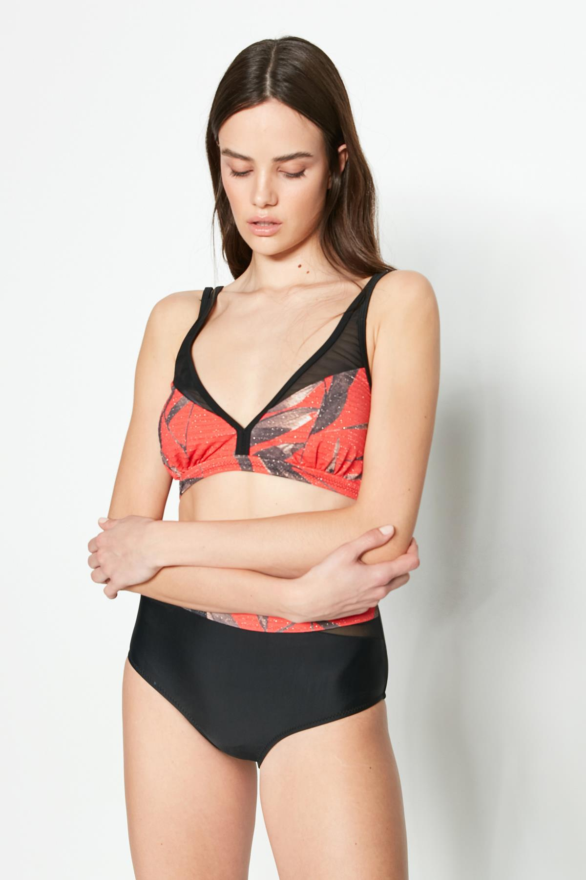 C&City Yüksek Bel Toparlayıcı Bikini Takım 2982 Siyah/Bordo