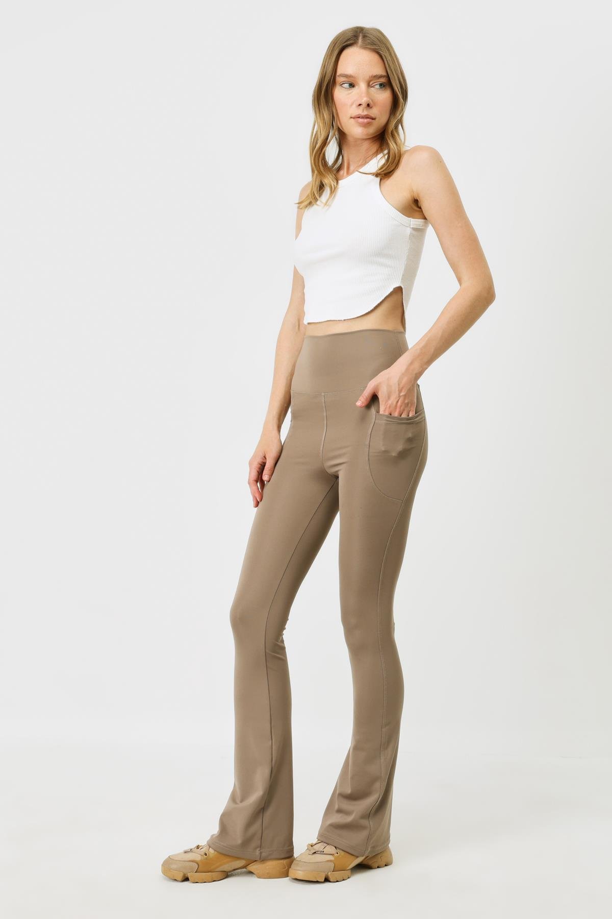 Cepli Yüksek Bel İspanyol Paça Uzun Spor Tayt 9405 Kahverengi